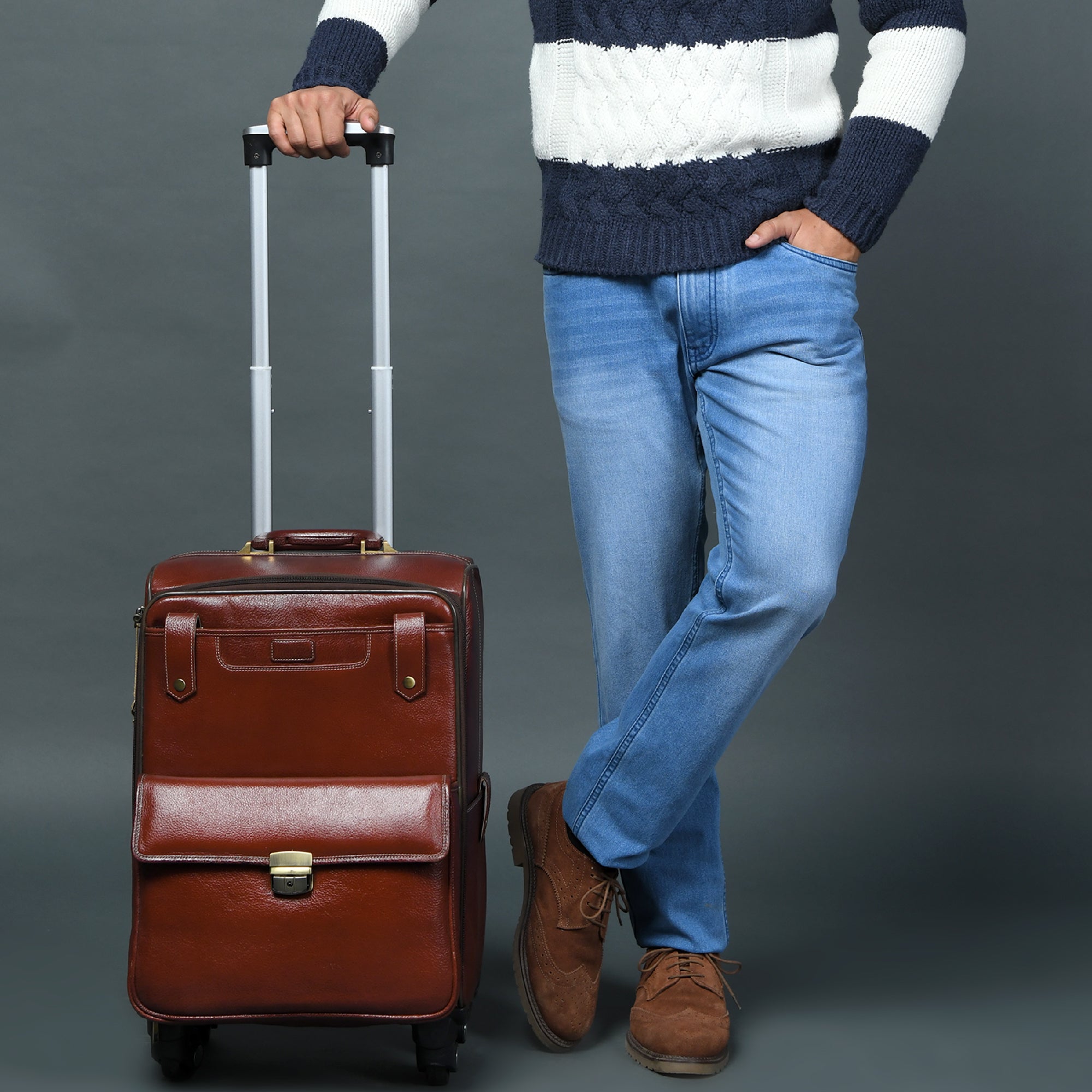 Lifestyle photo showing Leather Carry-On Trolly Bag in use - Classy Leather Bags