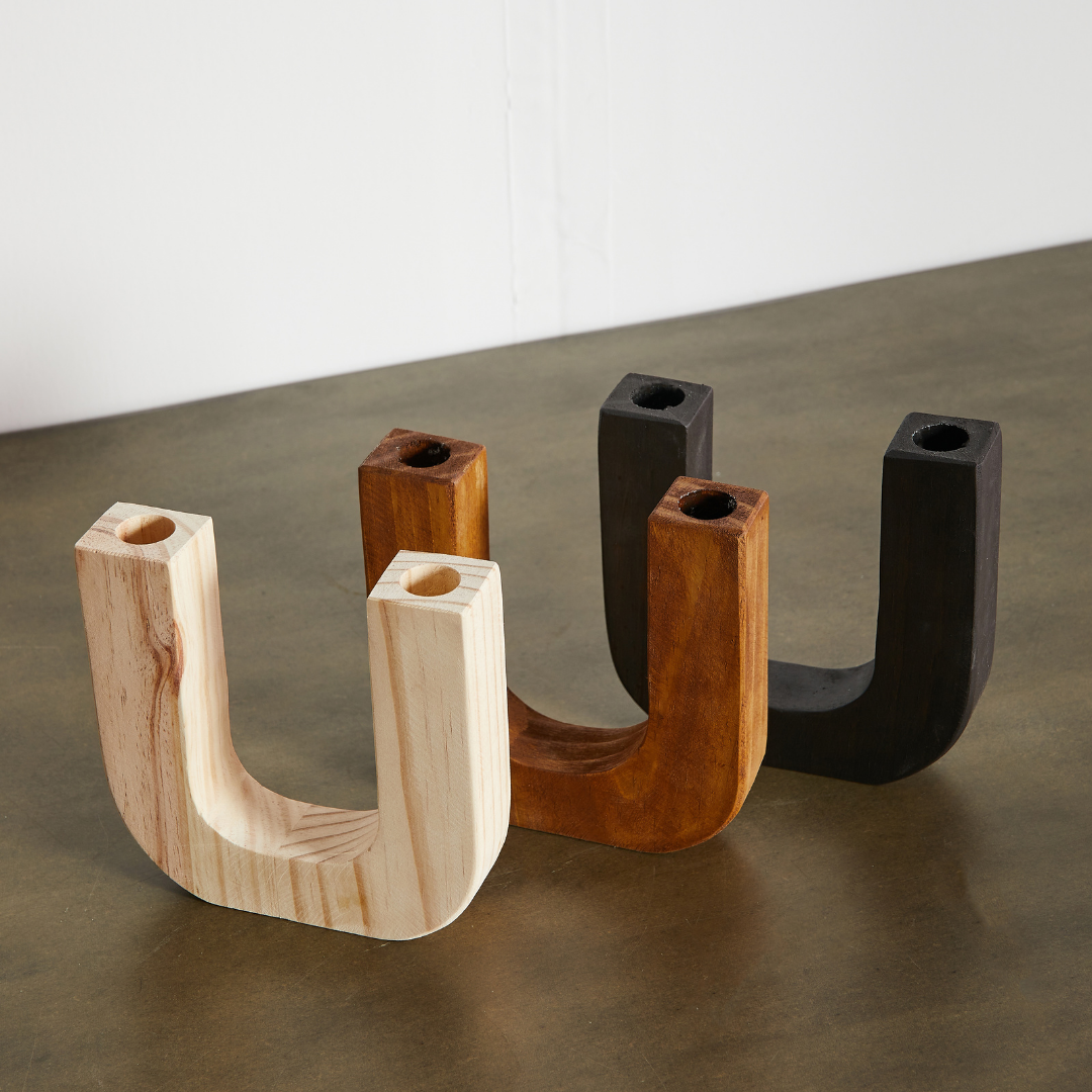 Close-up detail showing quality craftsmanship and materials - U-Shaped Wooden Double Taper Candlestick Holder