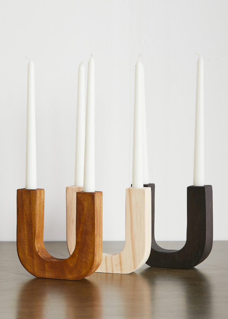 Aromatherapy candle with essential oils - U-Shaped Wooden Double Taper Candlestick Holder - Kanju Interiors