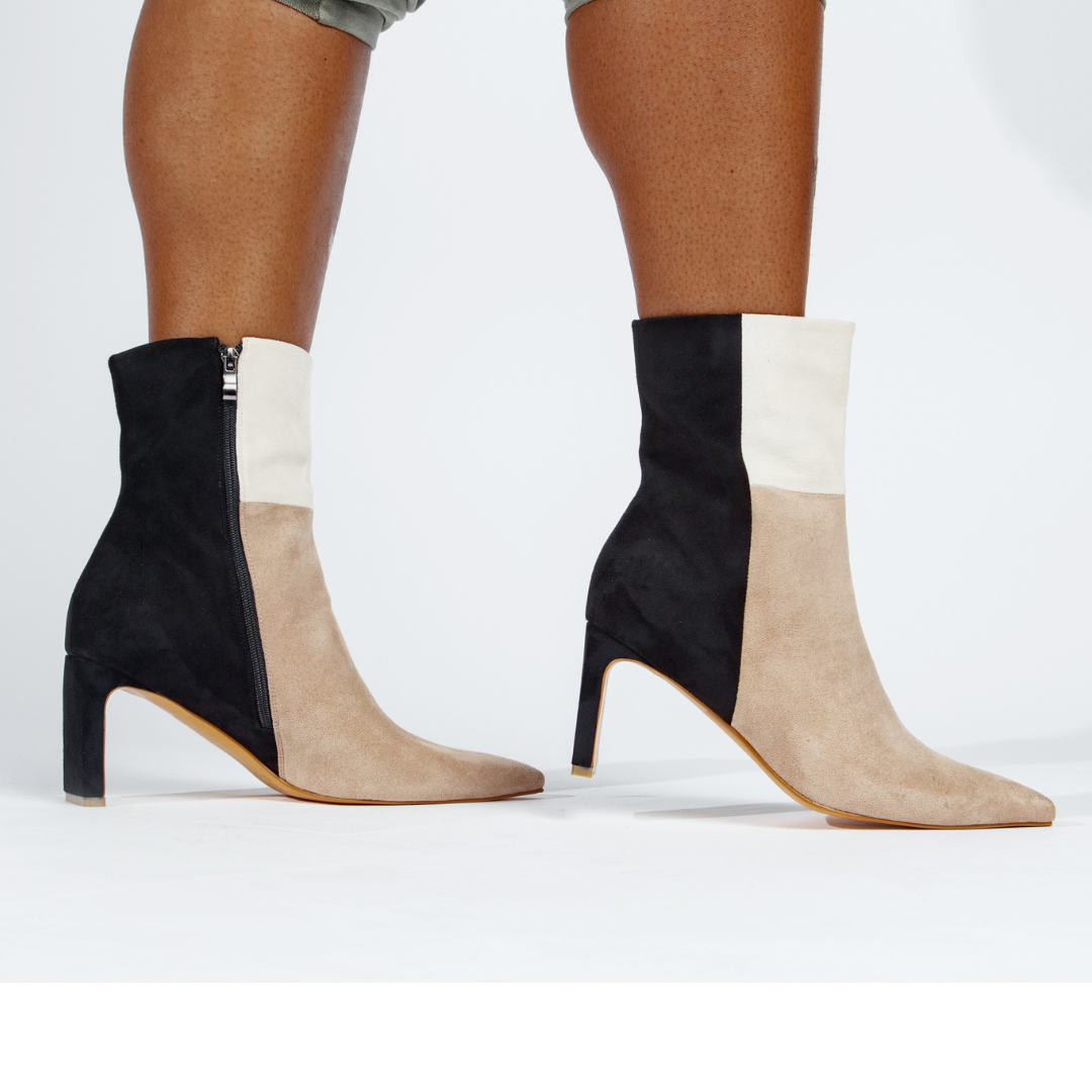 Lifestyle photo showing Simone Booties Nude in use - Vaila Shoes