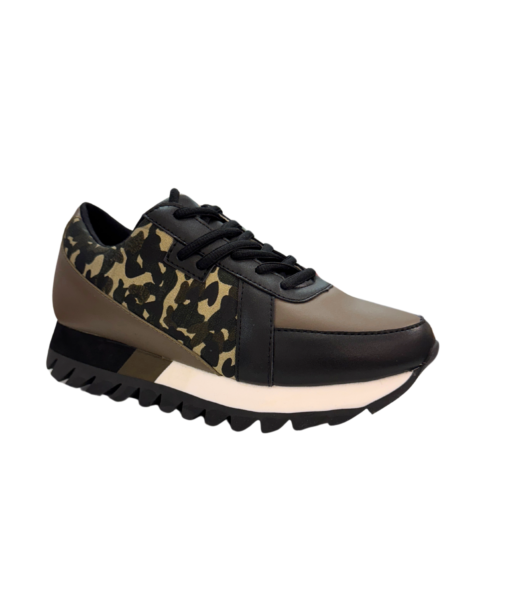 Lifestyle photo showing Geri Sneaker in Camo in use - Naughty Monkey