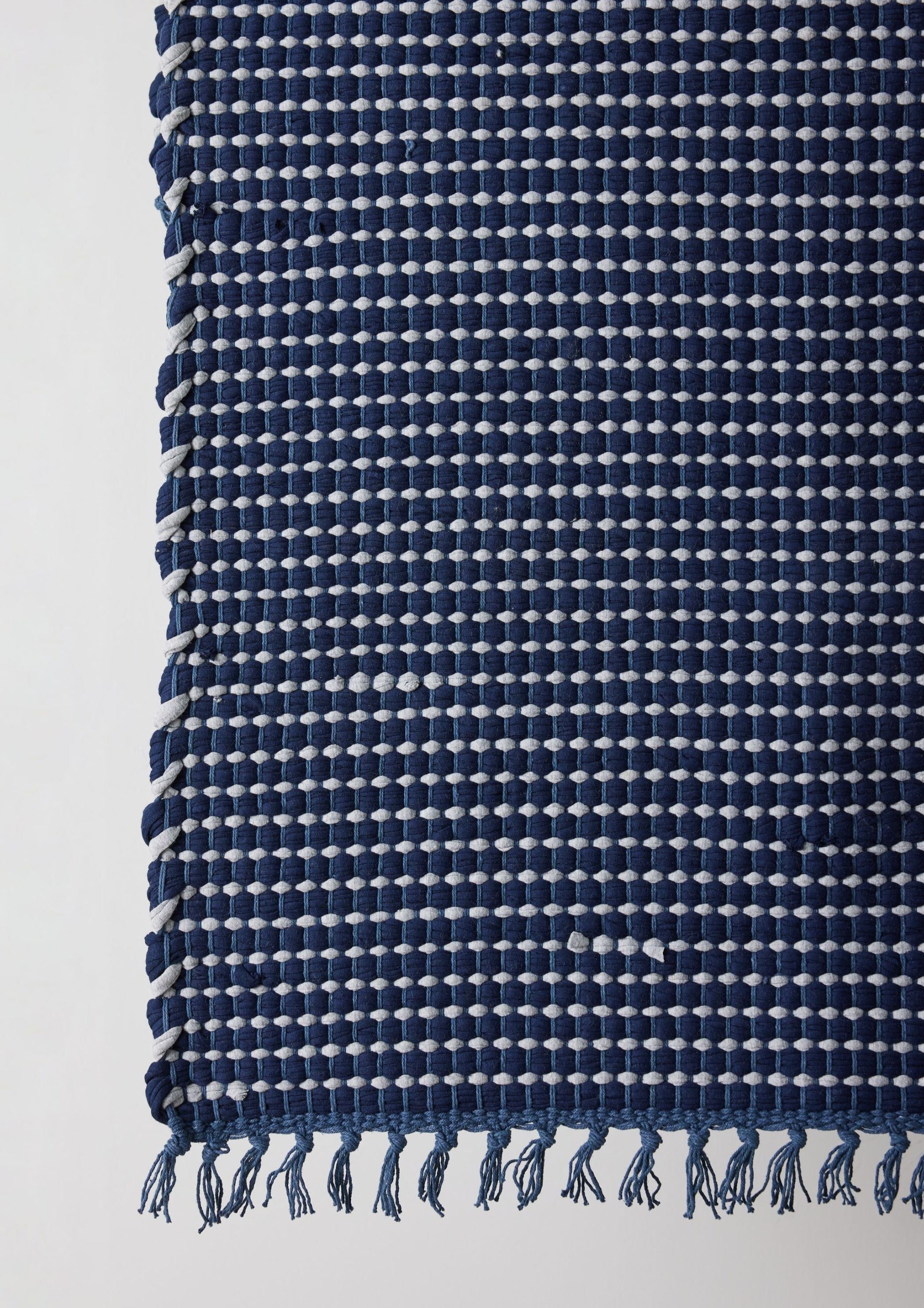 Lifestyle photo showing Riverweave Navy Blue Hand-Loomed Cotton Mat in use - Kanju Interiors