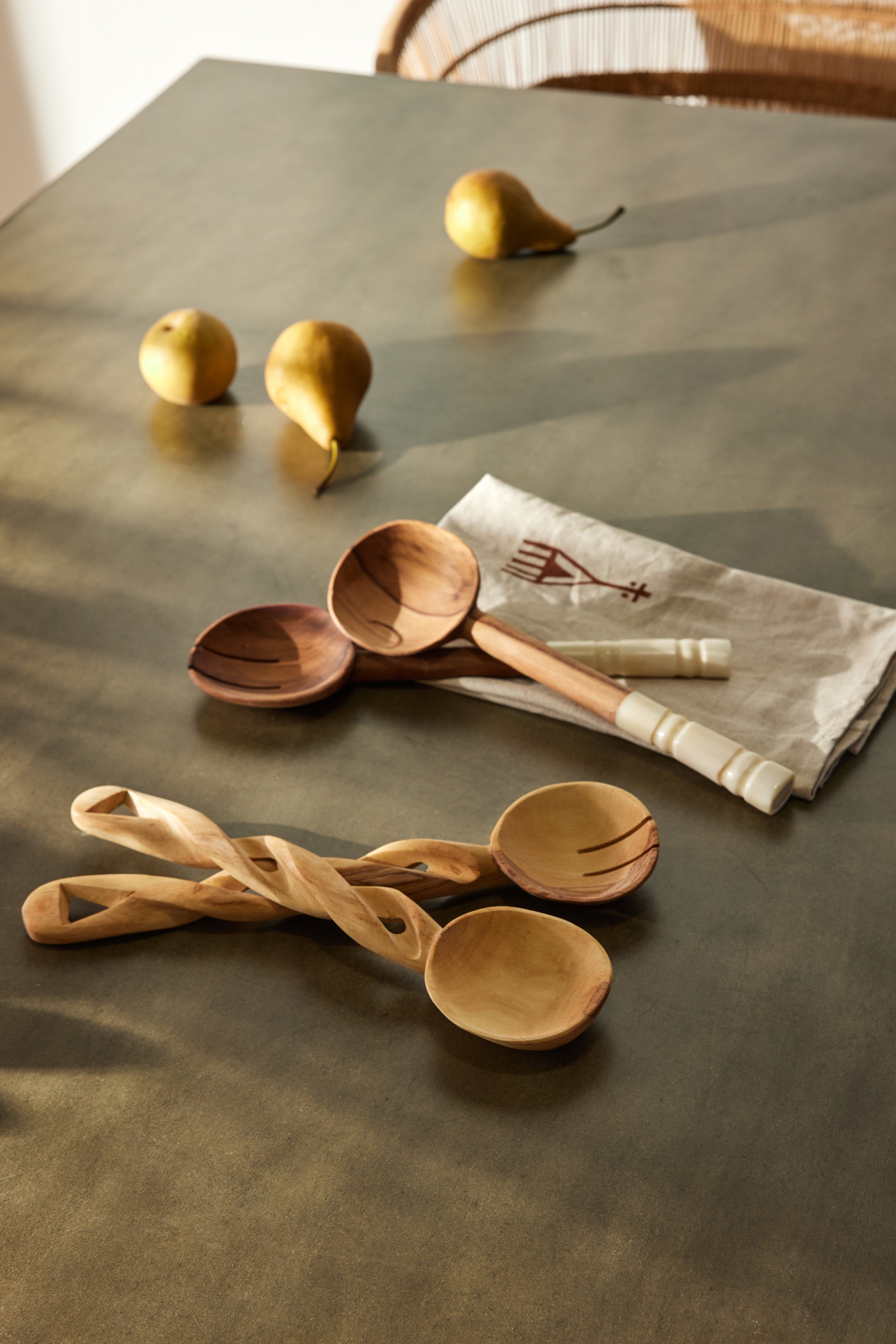 Close-up detail showing quality craftsmanship and materials - Olive Wood Salad Servers with Polished Bone Handles