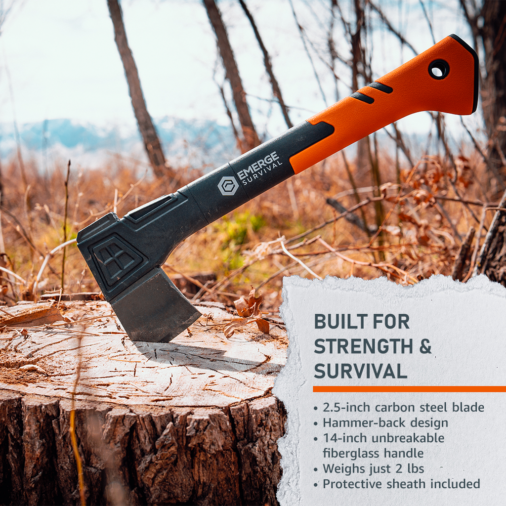 Lifestyle photo showing Survival Hatchet in use - Emerge Survival