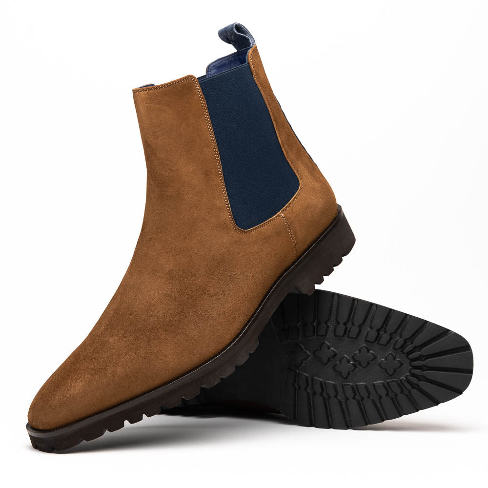 Lifestyle photo showing 46-210-CGN GIANNA Suede Chelsea Boot, Cognac in use - Zelli Italia