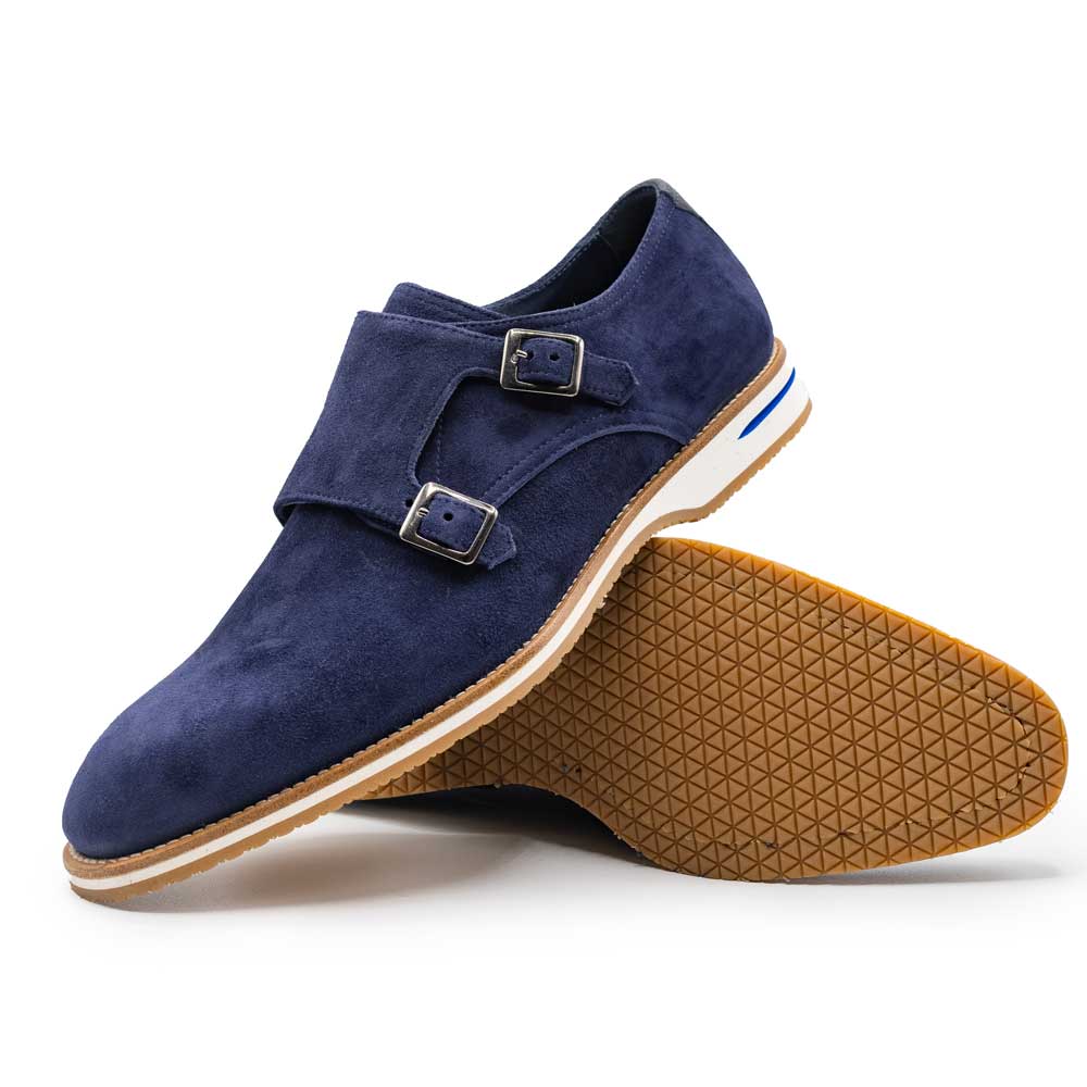 Lifestyle photo showing 56-100-NVY LEGERRA Sueded Goatskin Monkstrap, Navy in use - Zelli Italia