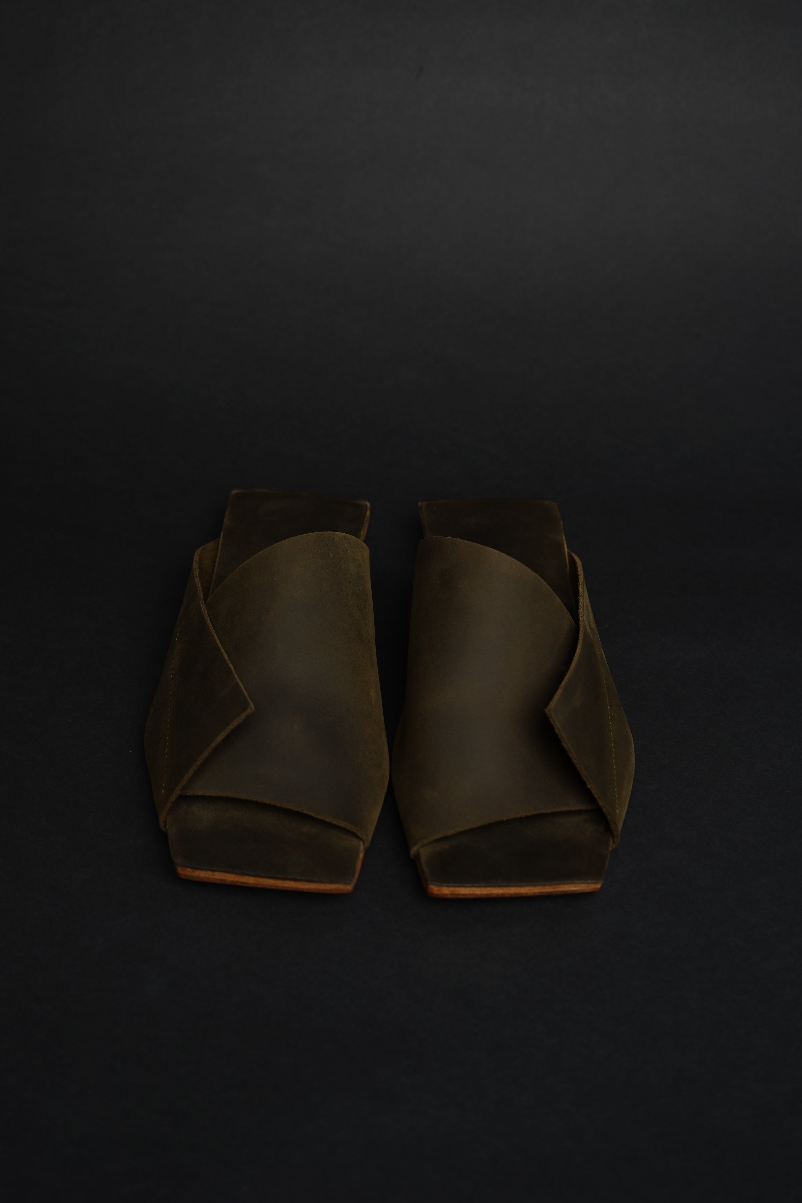 Close-up detail showing quality craftsmanship and materials - Amos Handcrafted Olive Leather Slides