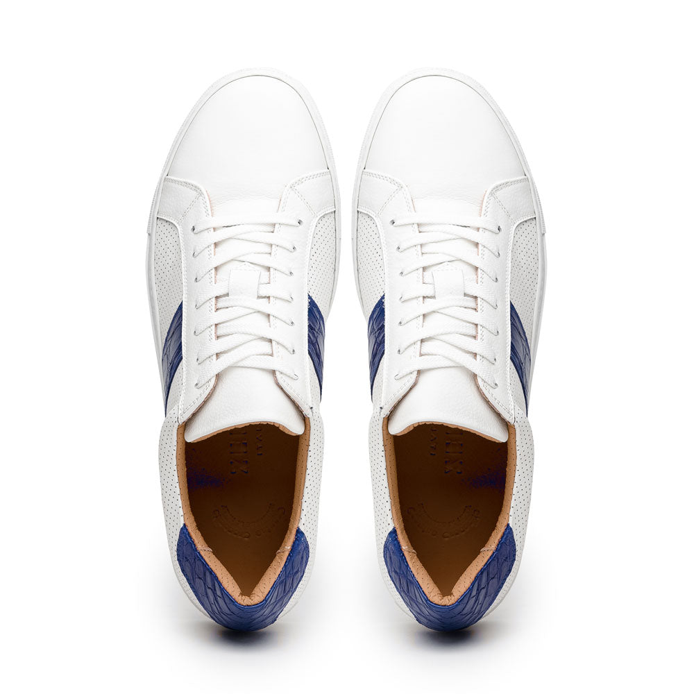 Lifestyle photo showing 61-101-NVY OLYMPIAS Italian Calfskin and Crocodile Stripe, Navy in use - Zelli Italia