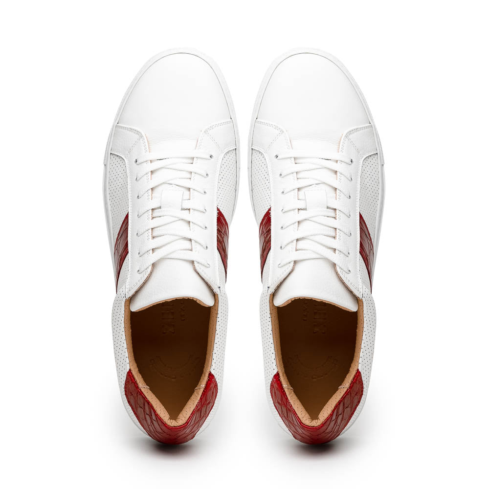Lifestyle photo showing 61-101-RED OLYMPIAS Italian Calfskin and Crocodile Stripe, Red in use - Zelli Italia