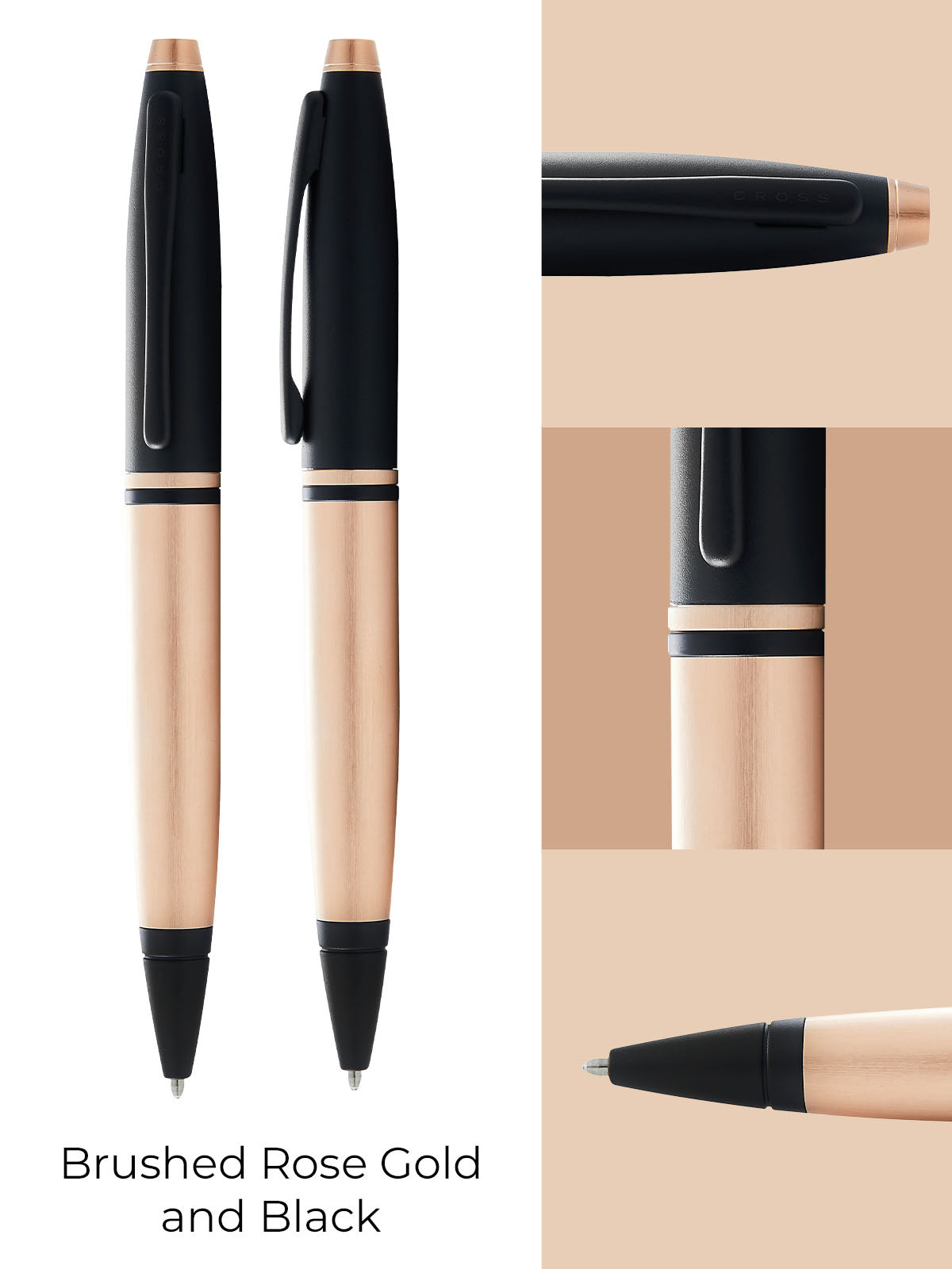 Lifestyle photo showing A.T. Cross Calais Brushed Rose Gold Plate and Black Lacquer Ballp in use - A.T. Cross