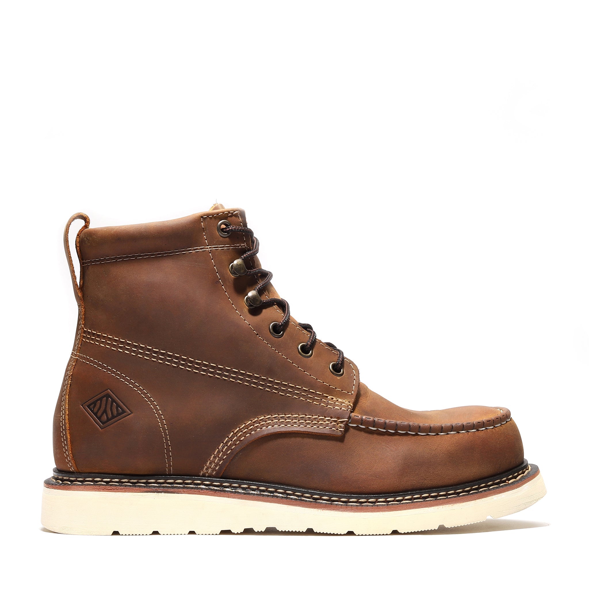 Close-up detail showing quality craftsmanship and materials - FRONTIER CLASSIC 6" MOC TOE CRAZY BROWN