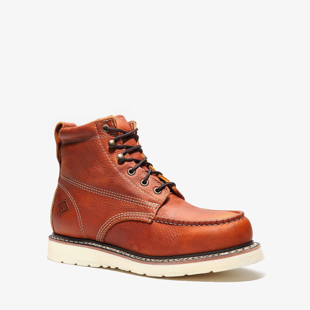 Lifestyle photo showing FRONTIER CLASSIC 6" MOC TOE GOLDEN BROWN in use - Bonanza Boots