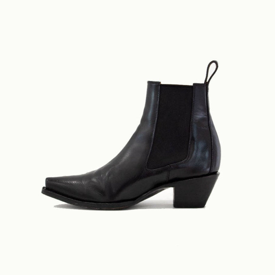 Close-up detail showing quality craftsmanship and materials - M-O-NINE The Sandra Boot in Black Patent Leather