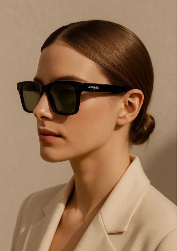 WO|MN sleek and square polarized sunglasses-green lenses, black acetate frame