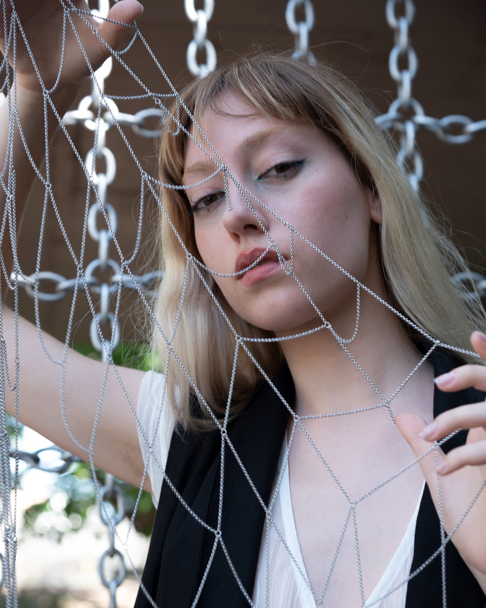 Lifestyle photo showing Web Chain Scarf in use - MHART