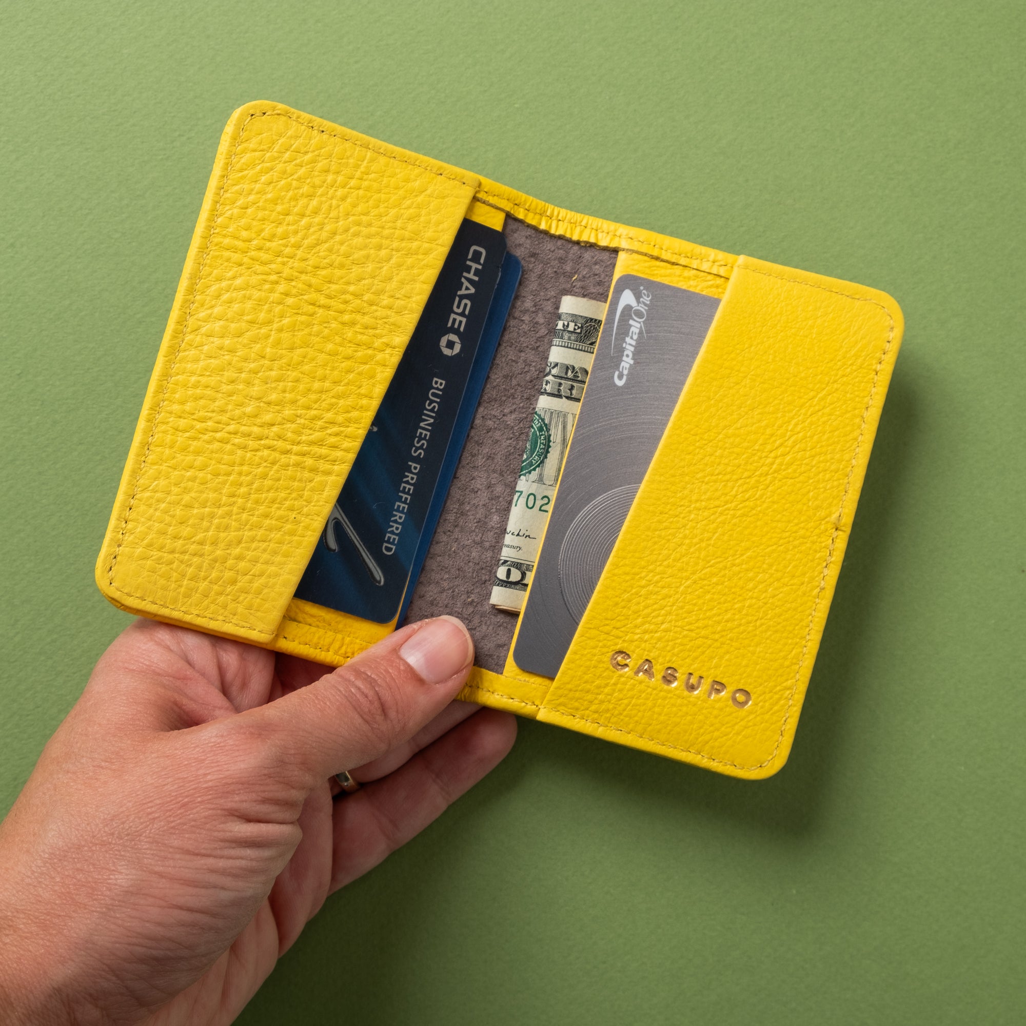 Close-up detail showing quality craftsmanship and materials - Compact Bifold with RFID Protection - Sunny Yellow
