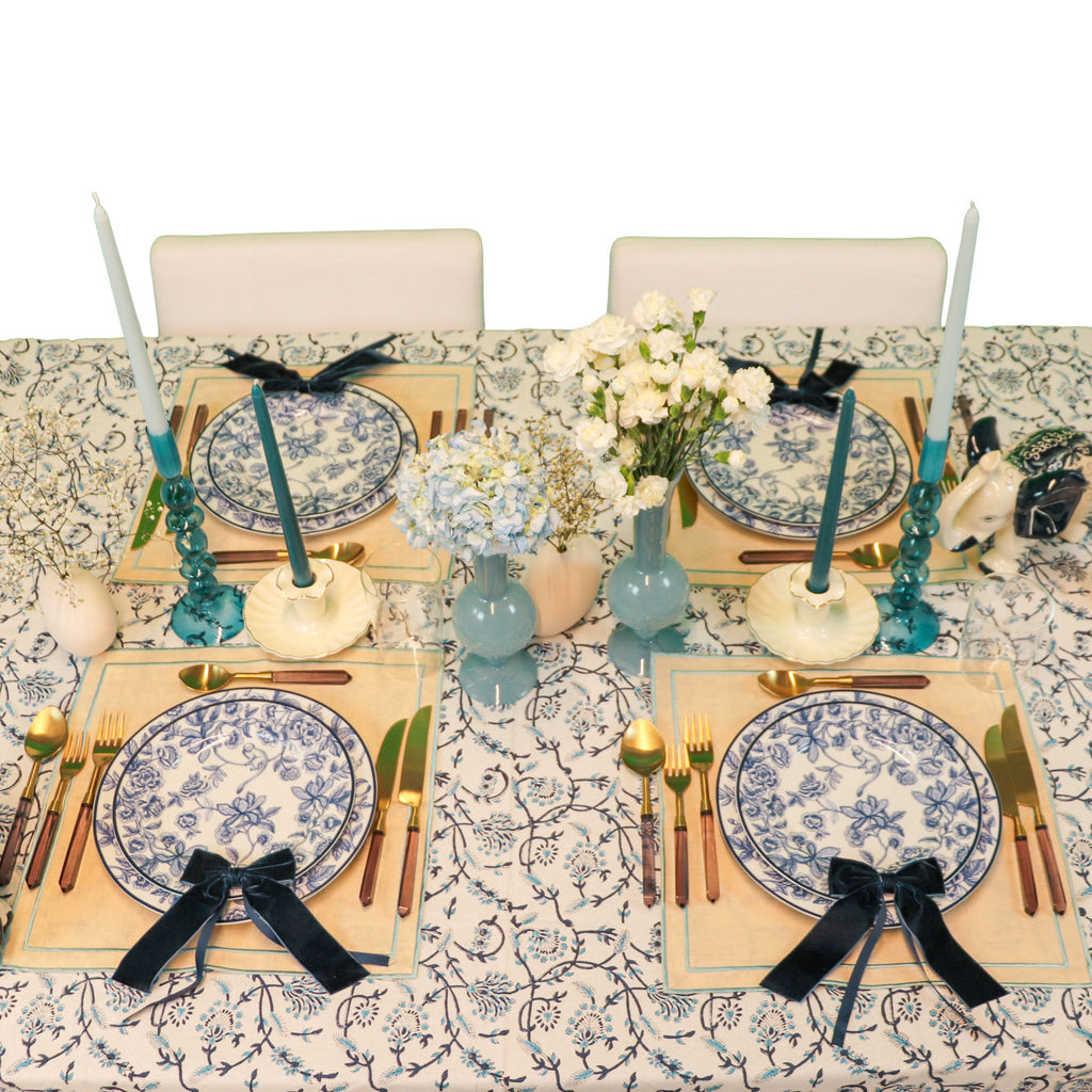 Lifestyle photo showing Eleanor Royal Blue Tablecloth in use - Ro'Table