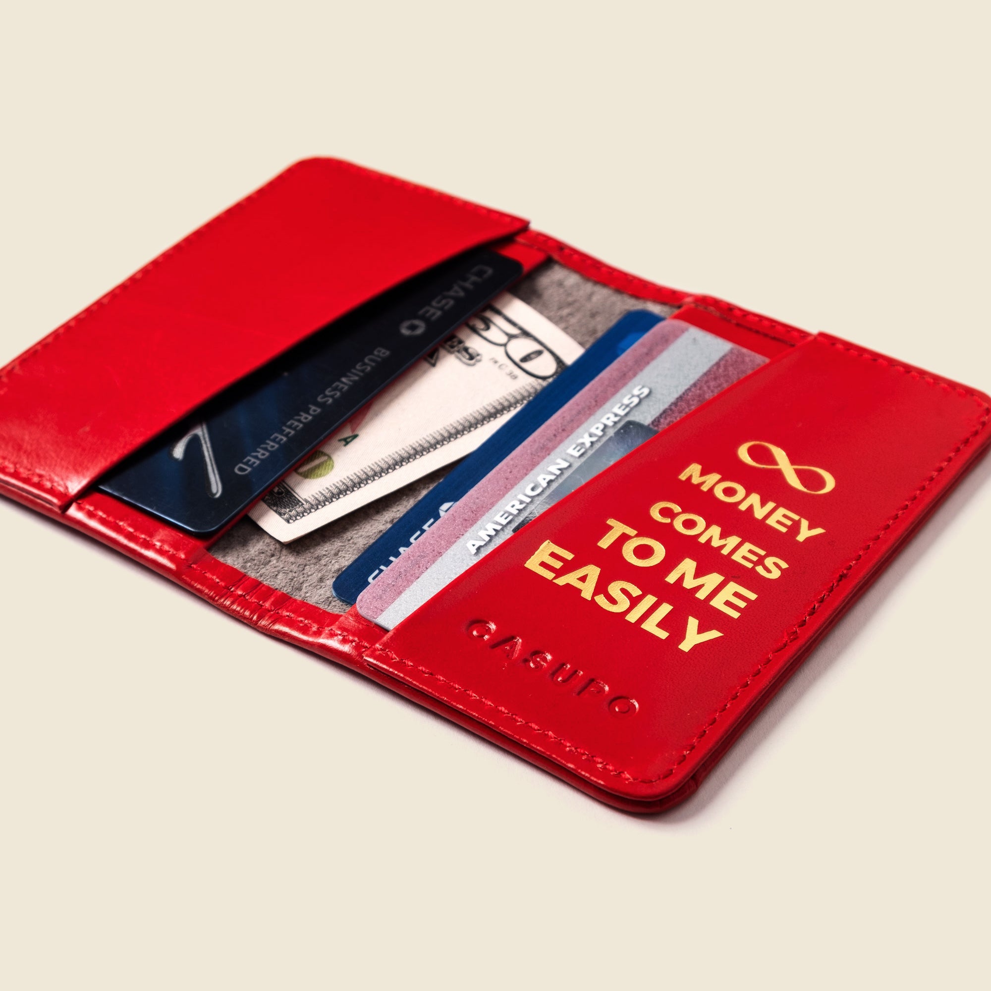 Close-up detail showing quality craftsmanship and materials - Compact Bifold with RFID Protection - Fire Red