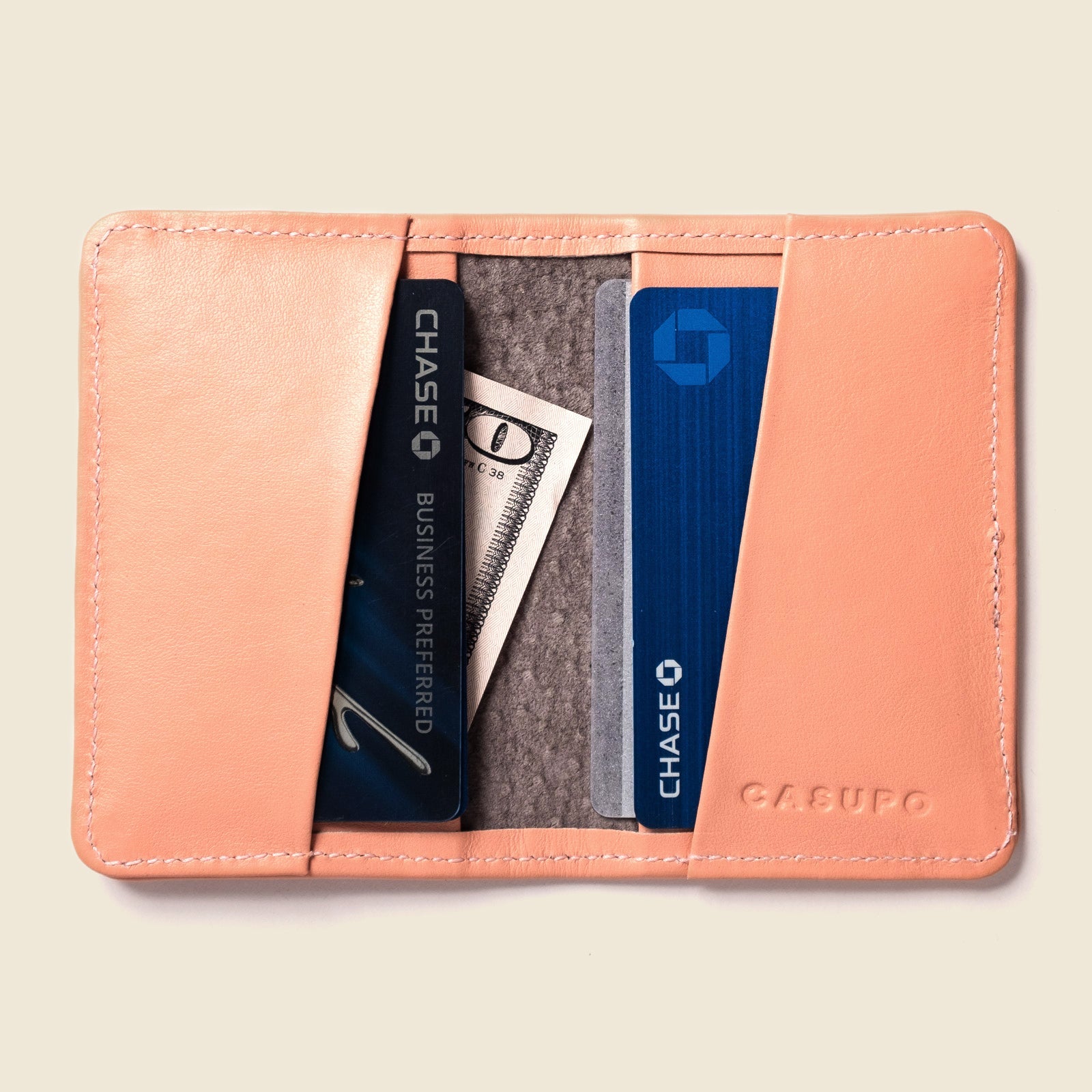 Close-up detail showing quality craftsmanship and materials - Compact Bifold with RFID Protection - Soft Pink