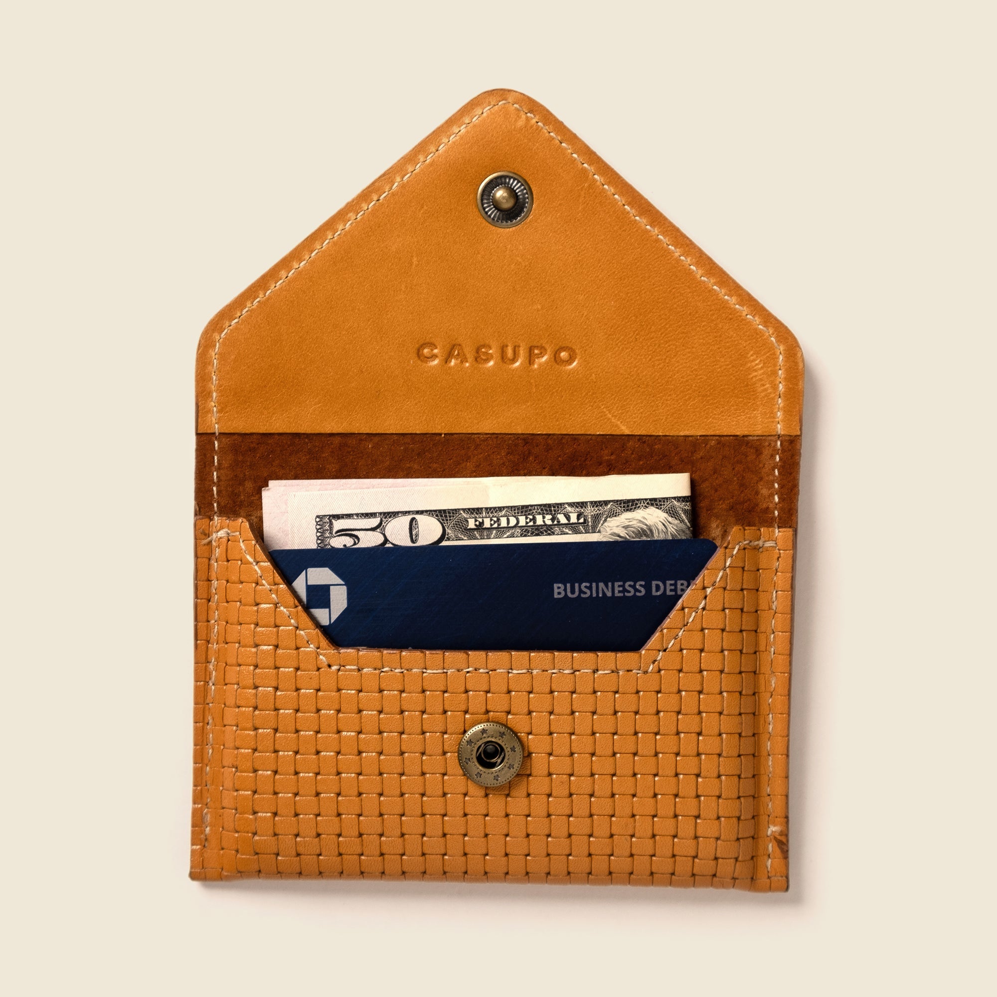 Close-up detail showing quality craftsmanship and materials - Mini Envelope Wallet With RFID protection - Tan Limited Edit
