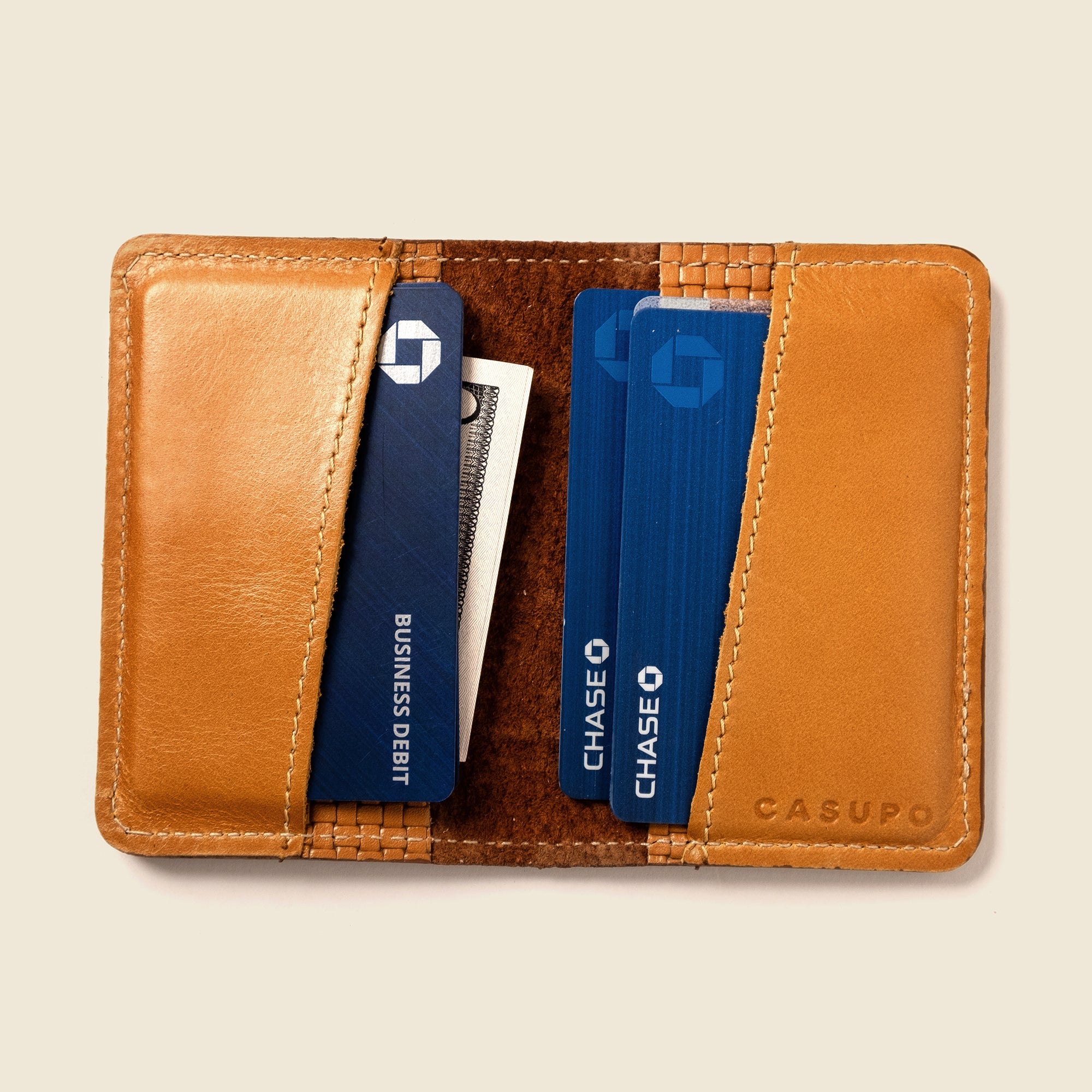 Close-up detail showing quality craftsmanship and materials - Compact Bifold with RFID Protection - Tan Limited Edition