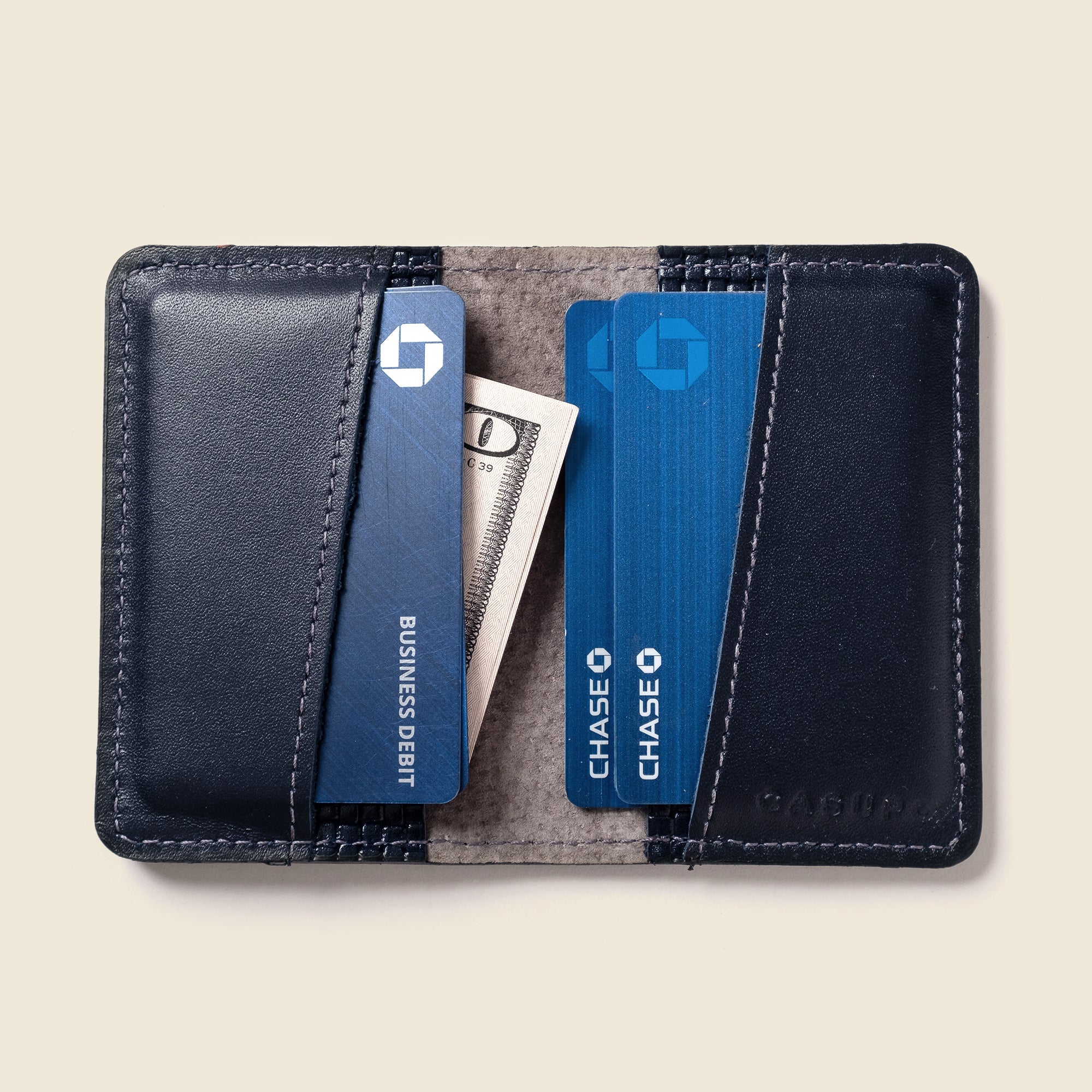 Close-up detail showing quality craftsmanship and materials - Compact Bifold with RFID Protection - Navy Limited Edition