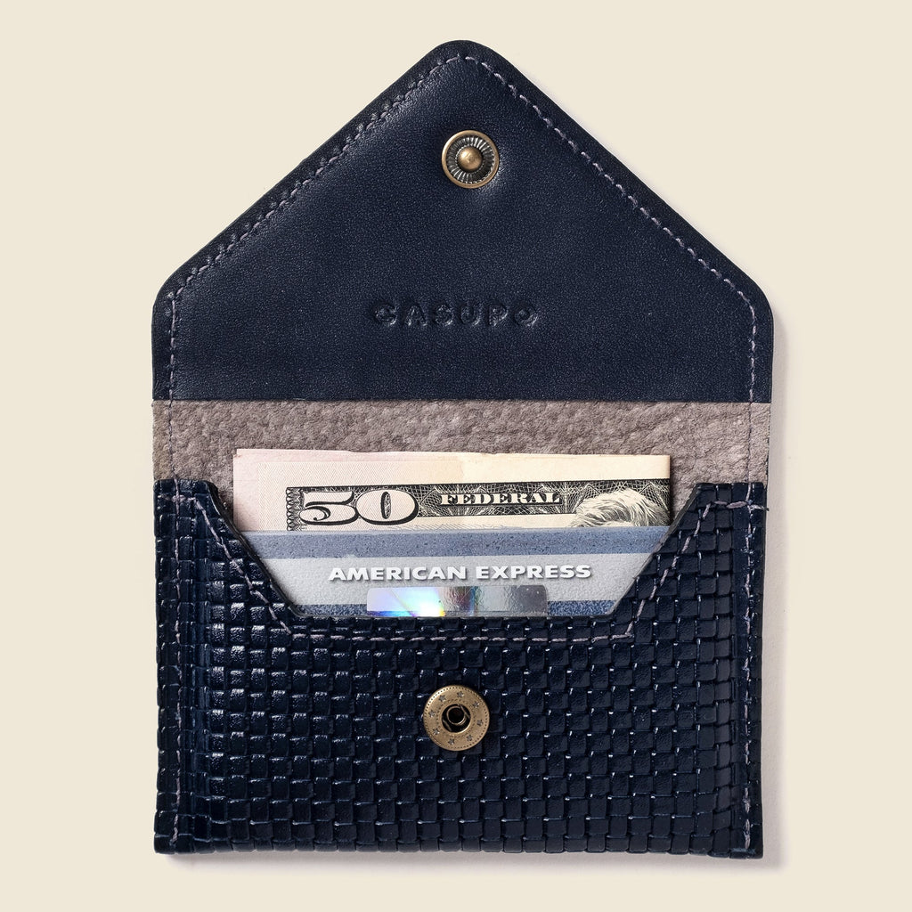 Lifestyle photo showing Mini Envelope Wallet With RFID protection - Navy Limited Edition in use - CASUPO
