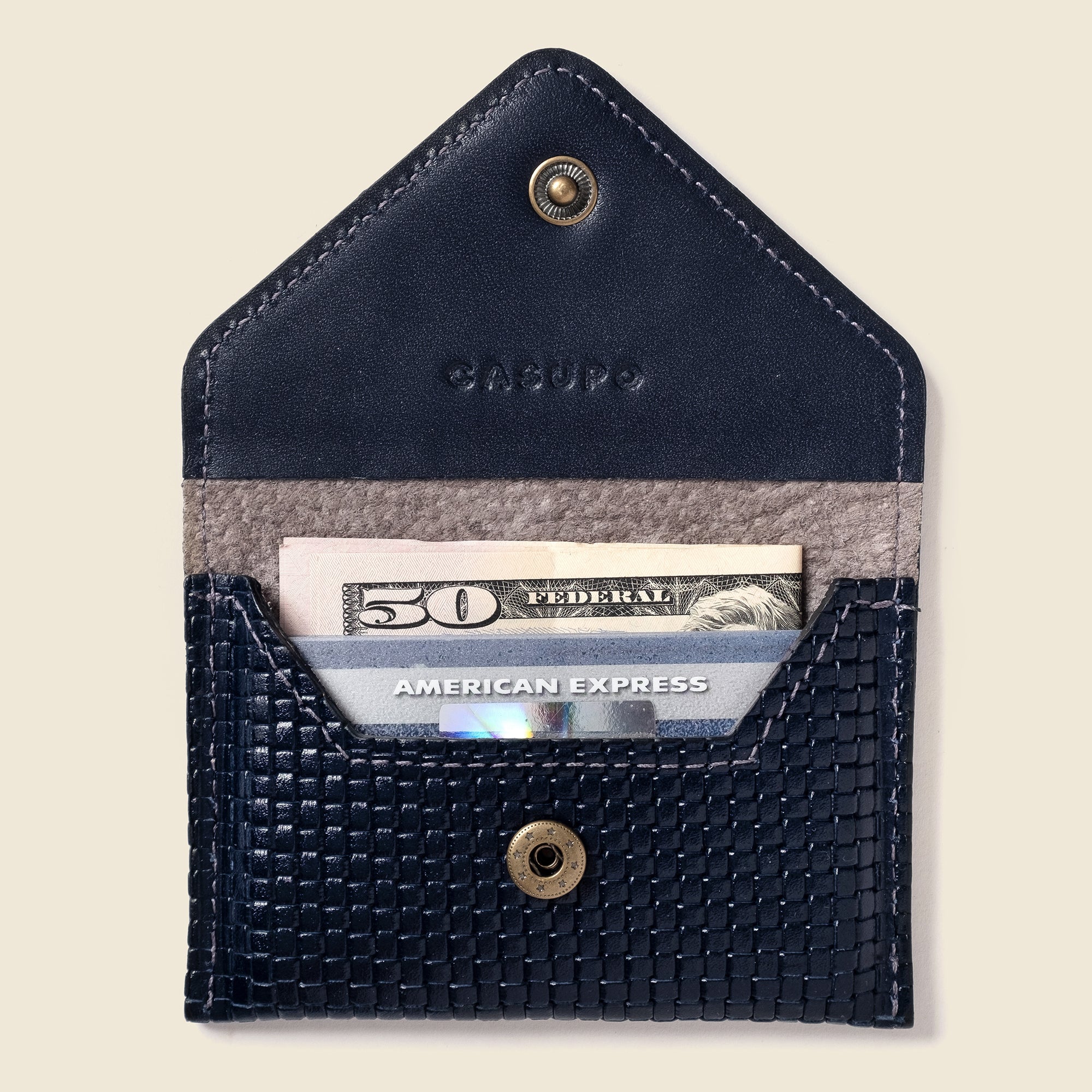 Lifestyle photo showing Mini Envelope Wallet With RFID protection - Navy Limited Edition in use - CASUPO