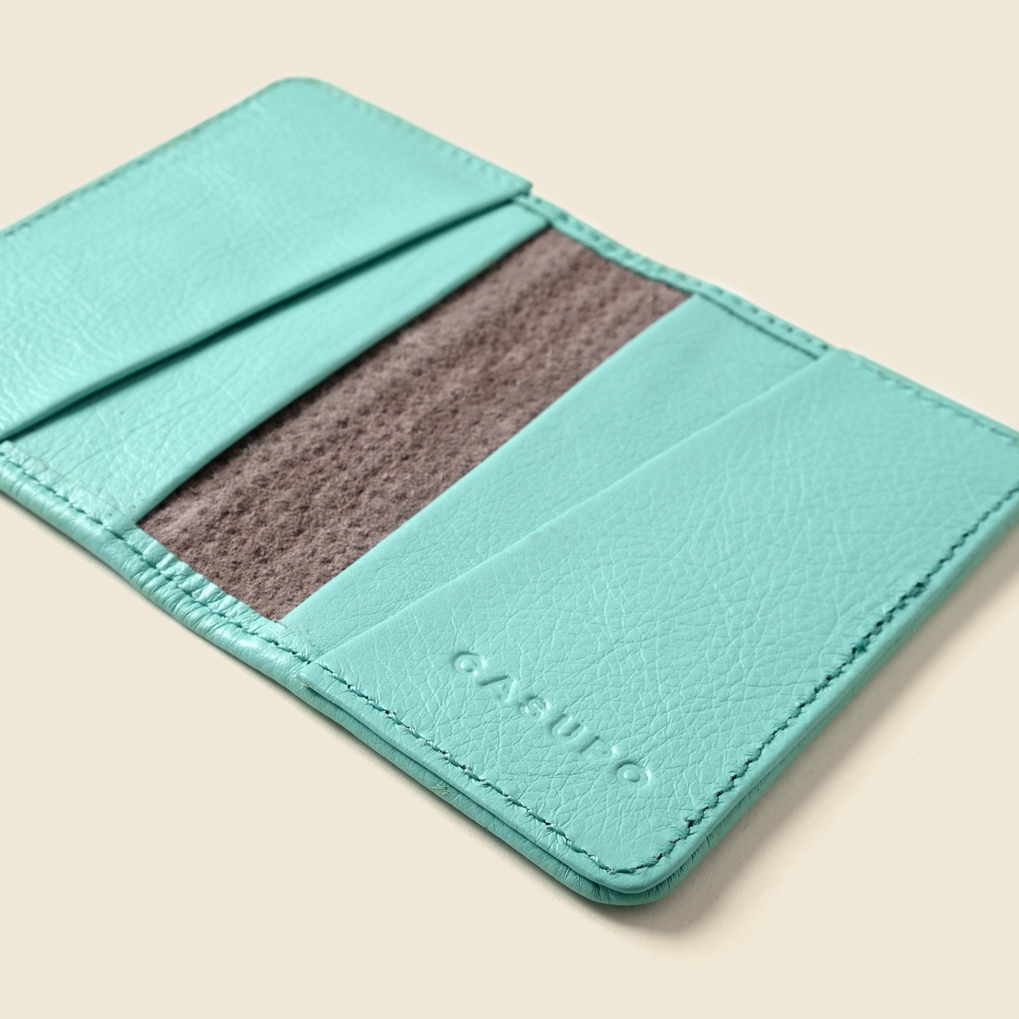 Close-up detail showing quality craftsmanship and materials - Compact Bifold with RFID Protection - Baby Blue
