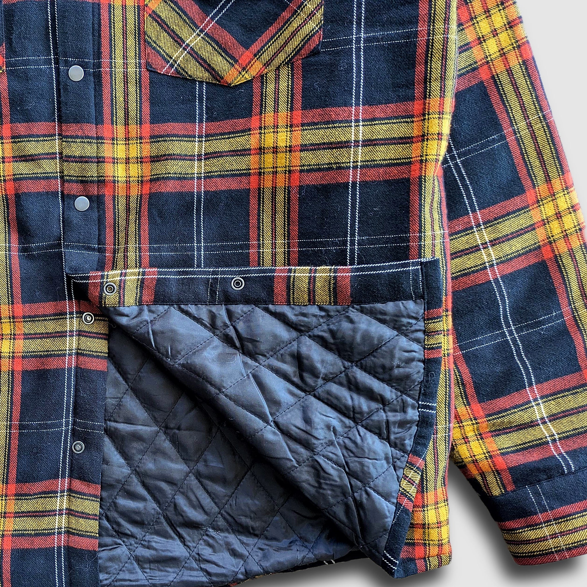 Close-up detail showing quality craftsmanship and materials - Juniper Insulated Flannel Shacket - Black/Red/Yellow