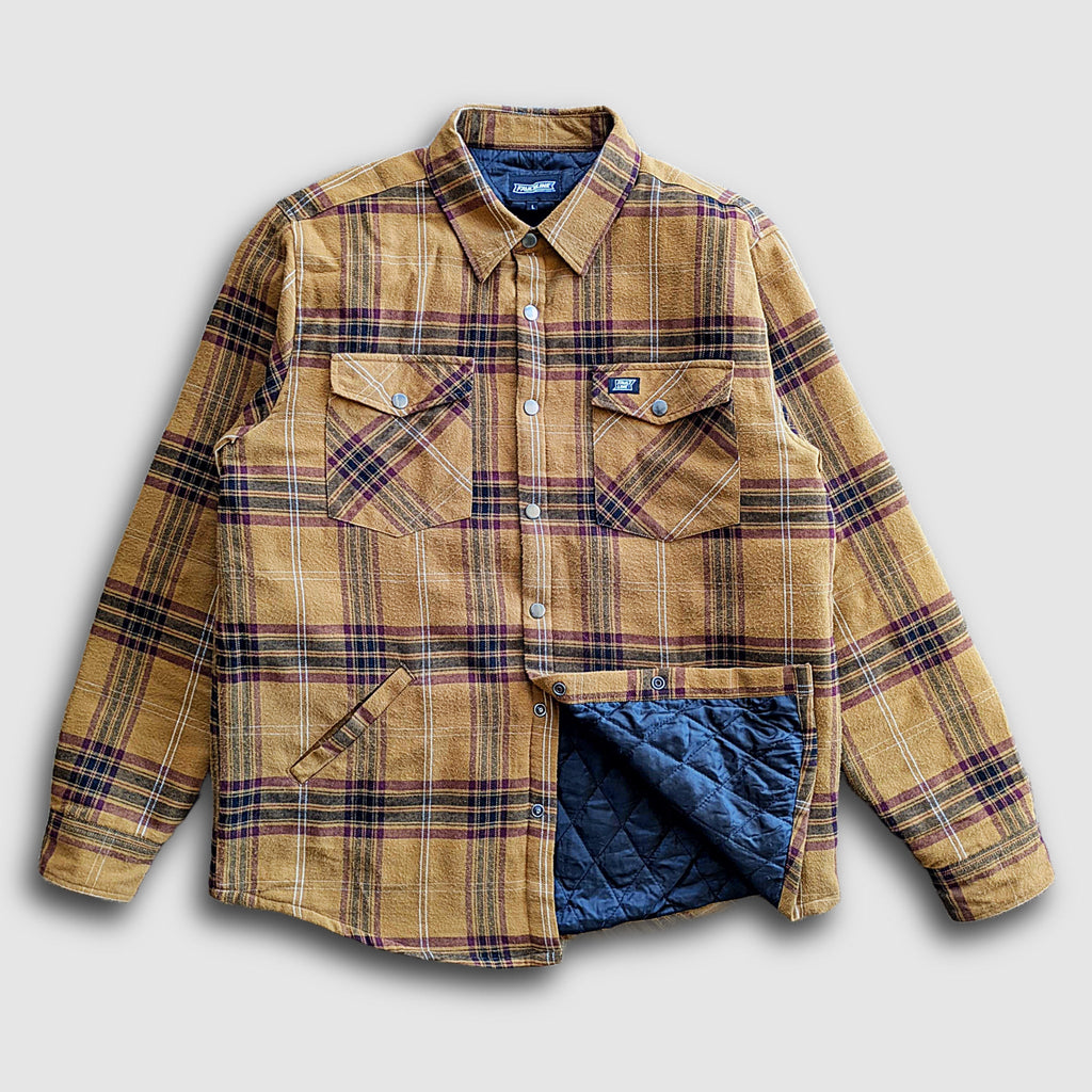 Close-up detail showing quality craftsmanship and materials - Juniper Insulated Flannel Shacket - Dijon/Maroon