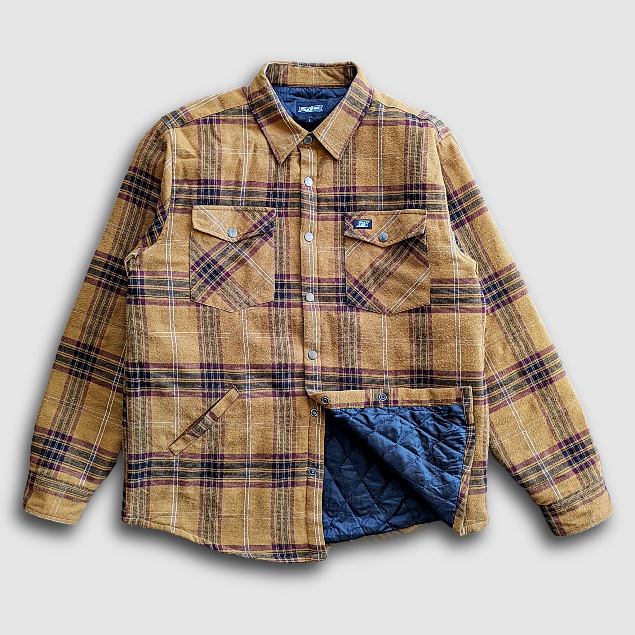 Close-up detail showing quality craftsmanship and materials - Juniper Insulated Flannel Shacket - Dijon/Maroon