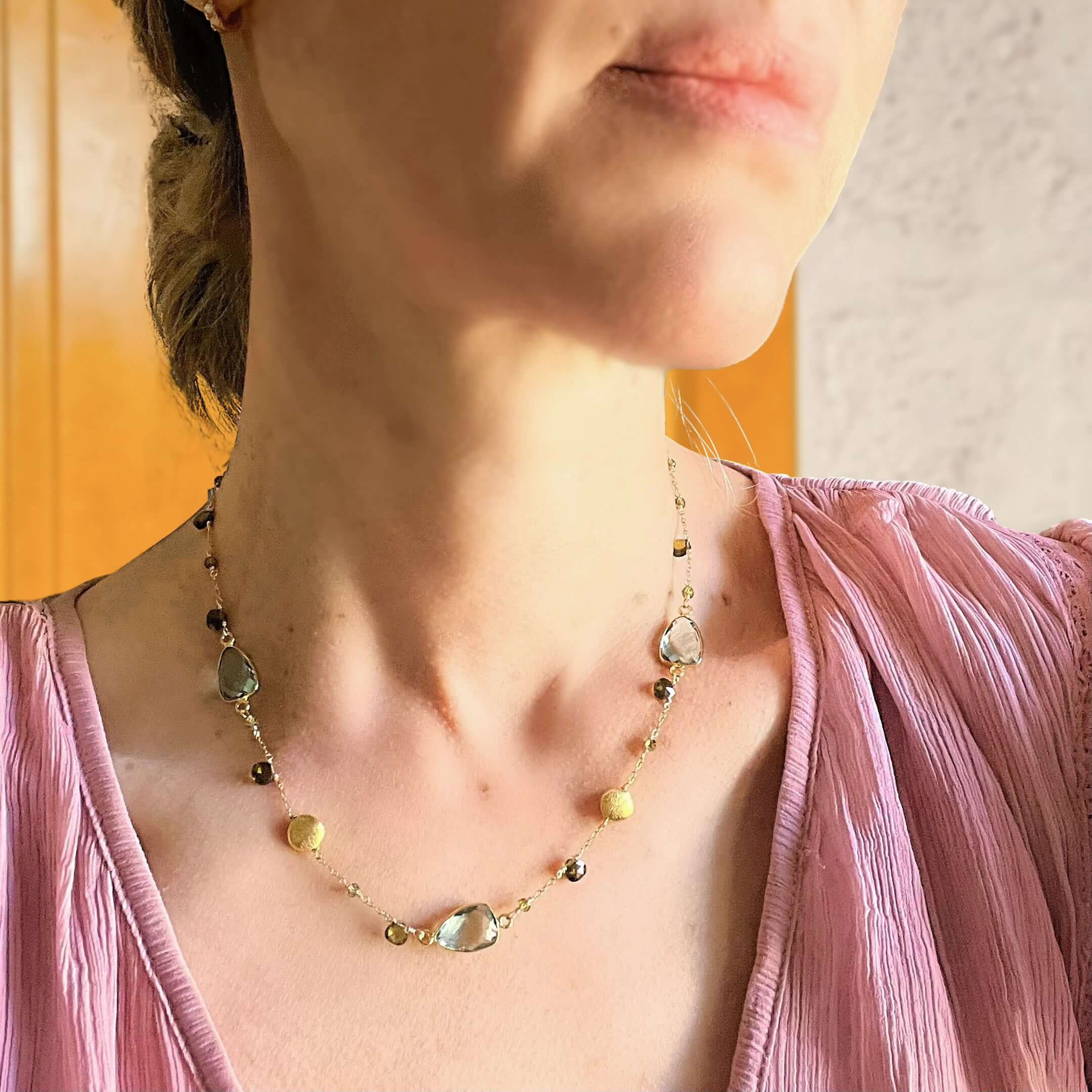 Close-up detail showing quality craftsmanship and materials - PARKEN JEWELRY Green Amethyst Gold Bezel Chain
