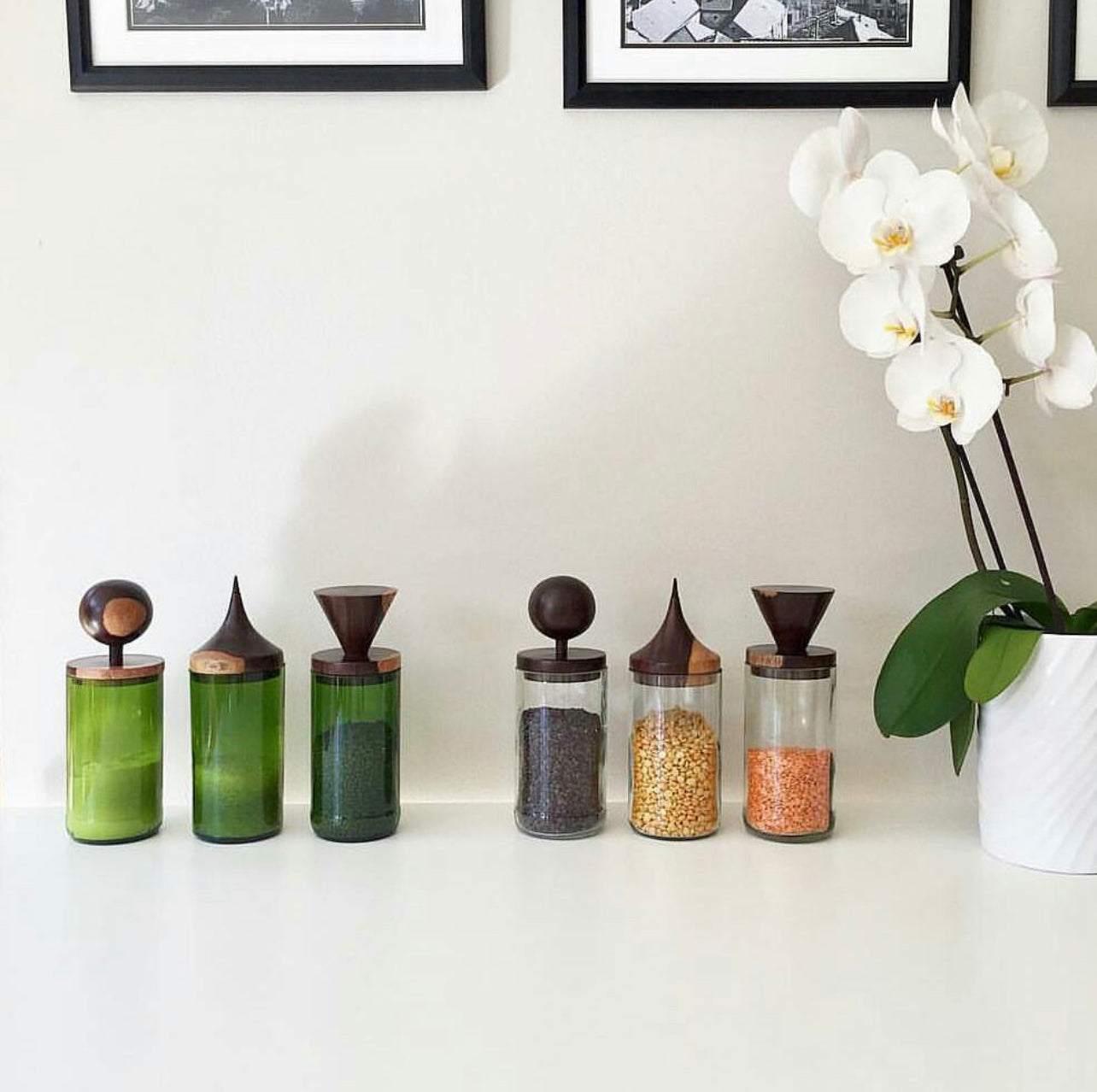 Close-up detail showing quality craftsmanship and materials - Wooden Topped Green Apothecary Jars