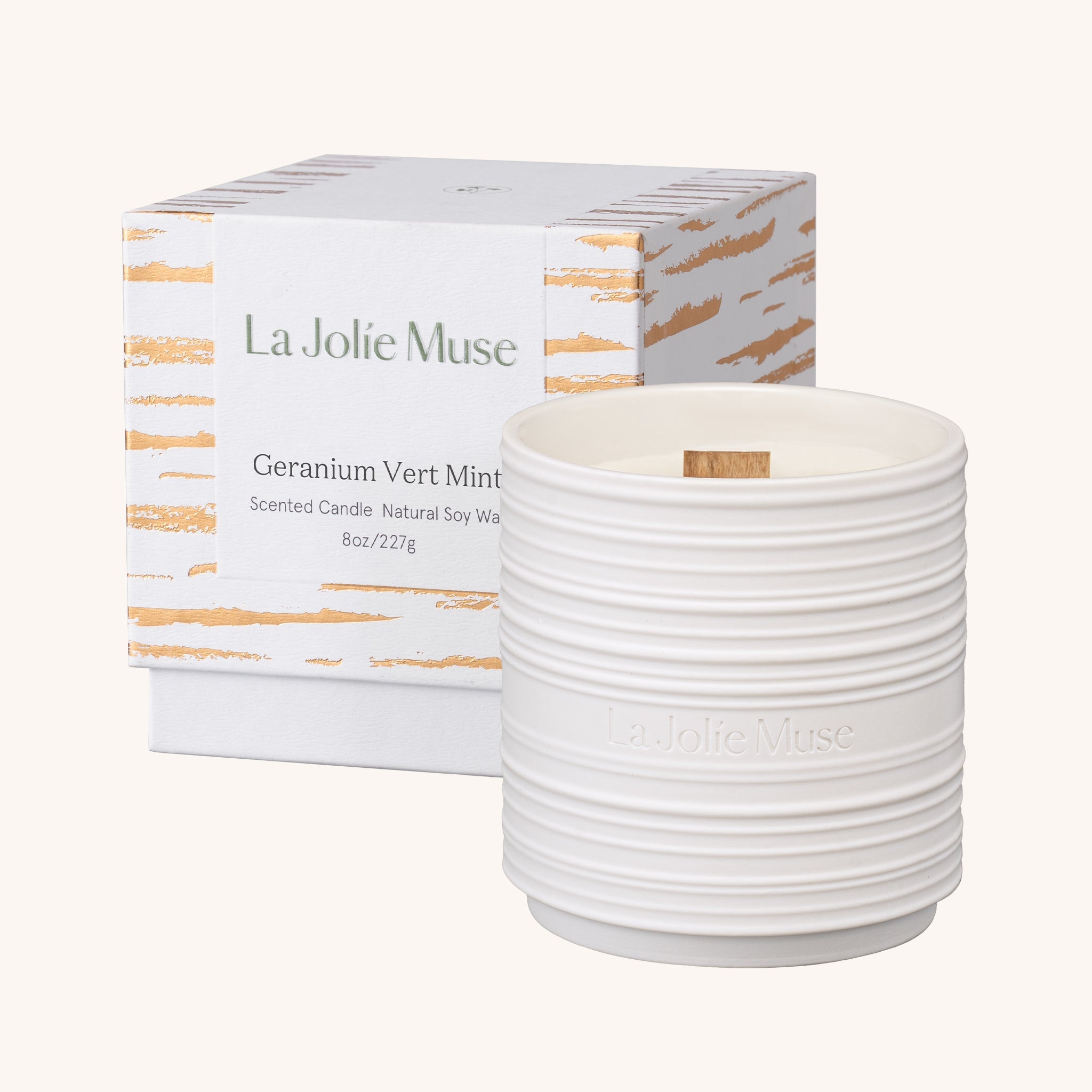 Lifestyle photo showing Lucienne - Geranium Vert Mint Candle in use - LA JOLIE MUSE