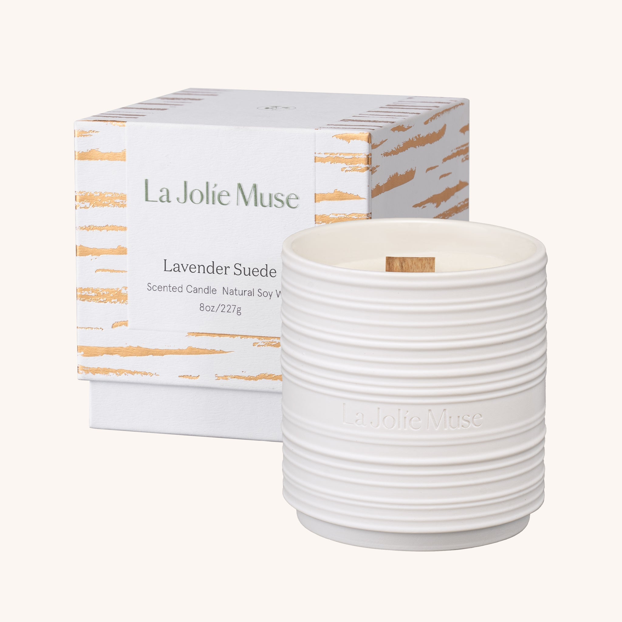 Lifestyle photo showing Lucienne - Lavender Suede Candle in use - LA JOLIE MUSE
