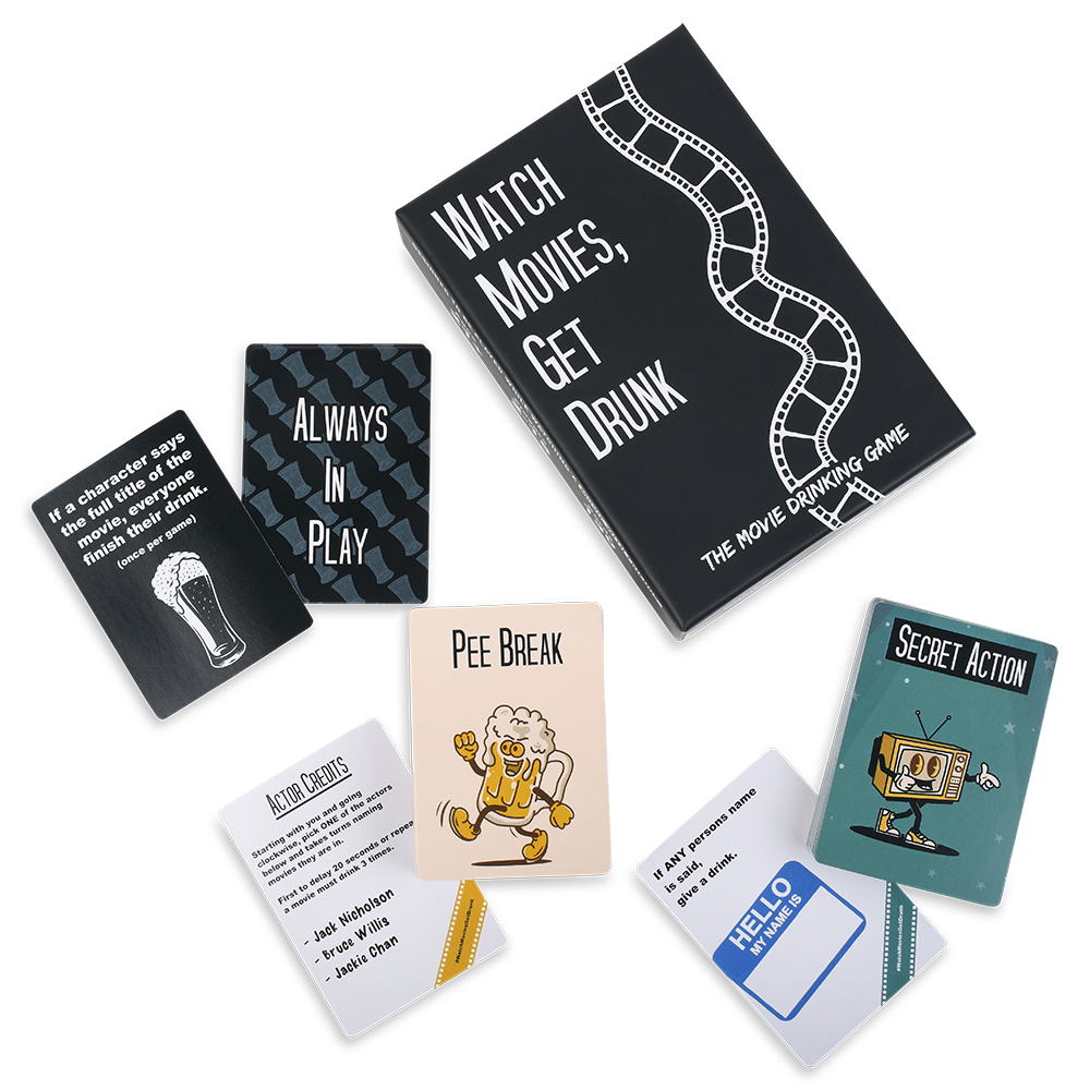 Lifestyle photo showing WATCH MOVIES, GET DRUNK - The Live Movie Drinking Game in use - Falling Whale Games