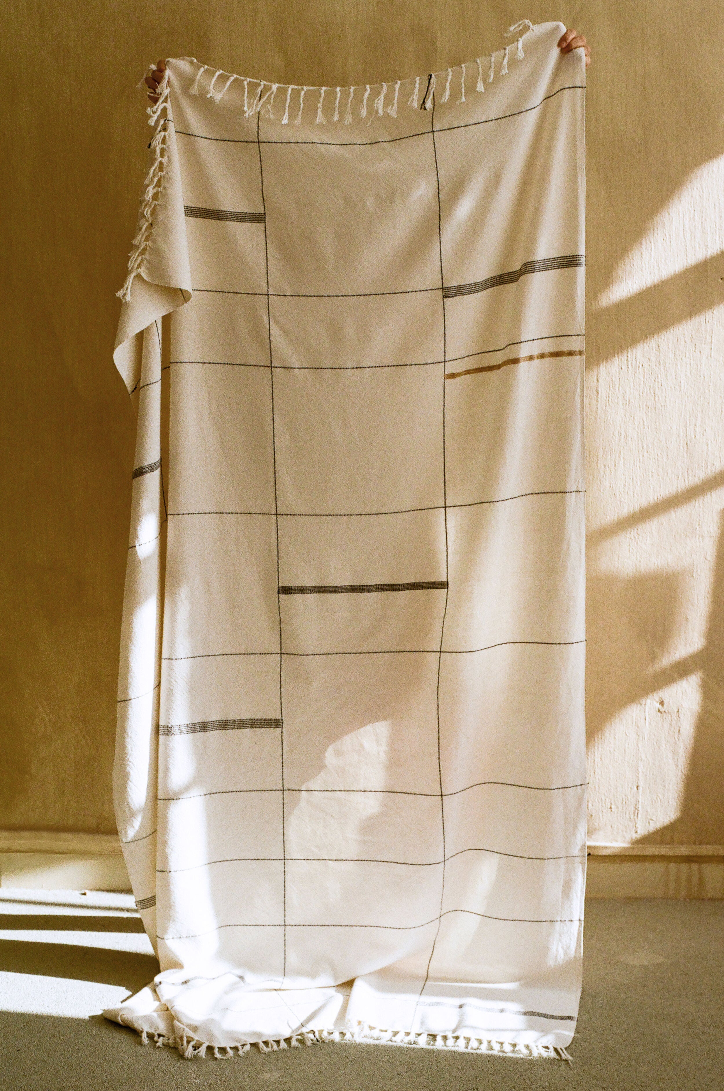 Lifestyle photo showing Nadi Hand-Loomed Cotton Throw in use - Kanju Interiors