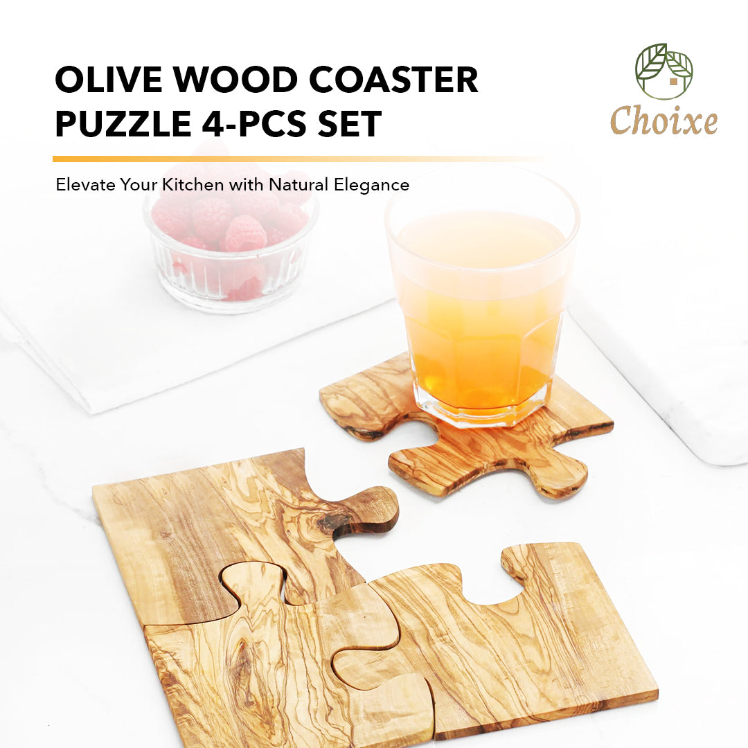 Lifestyle photo showing Olive Wood Coaster Puzzle 4-Pcs Set. in use - Choixe