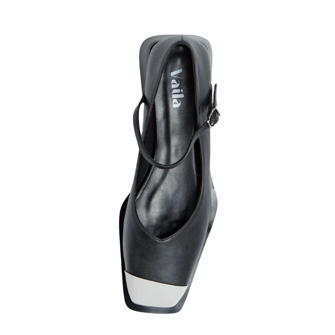 Lifestyle photo showing Penelope Mary Jane Flats Black in use - Vaila Shoes