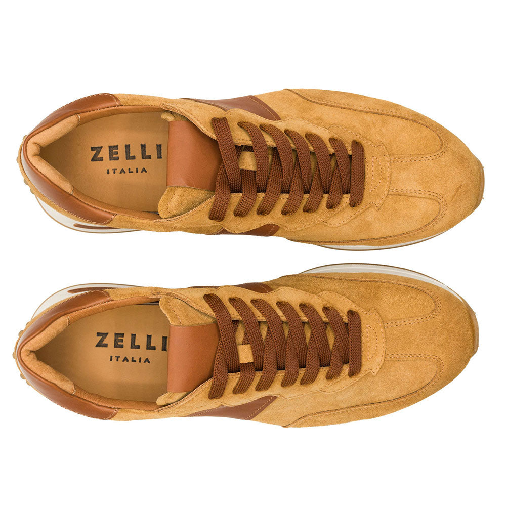 Lifestyle photo showing 66-265-CGN ROXI Suede & Calfskin Sneaker, Cognac in use - Zelli Italia