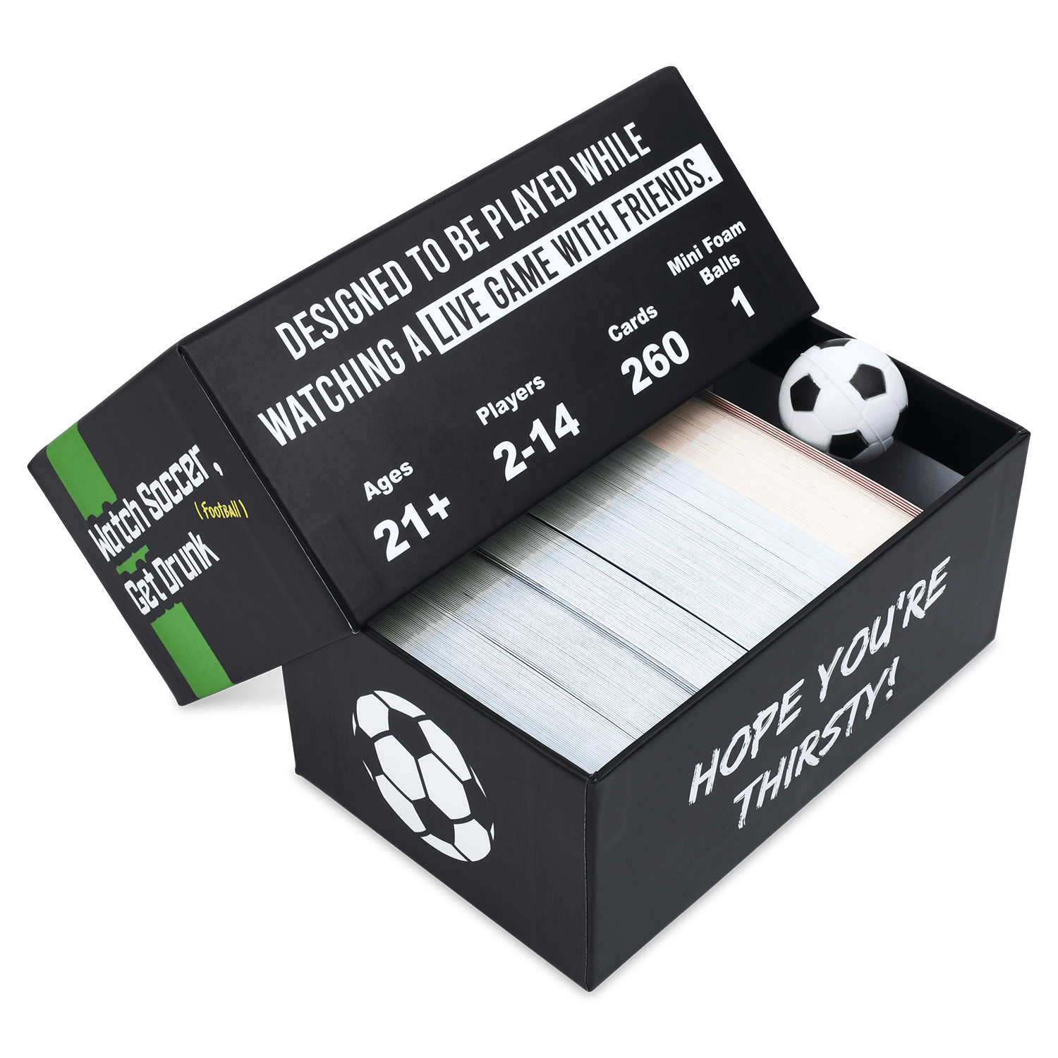Lifestyle photo showing WATCH SOCCER, GET DRUNK - The Live Soccer Drinking Game in use - Falling Whale Games
