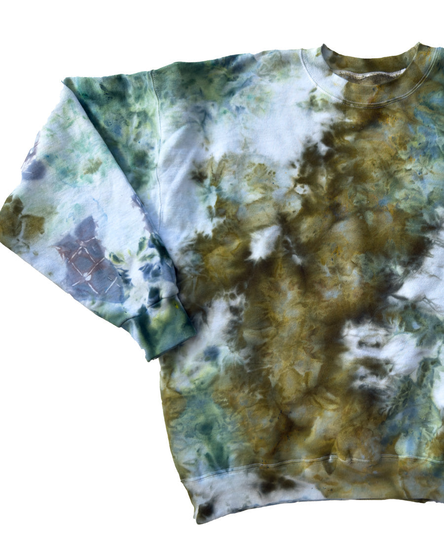 Lifestyle photo showing ICE DYED 90/10 SWEATSHIRT Tree Moss in use - Keep Company