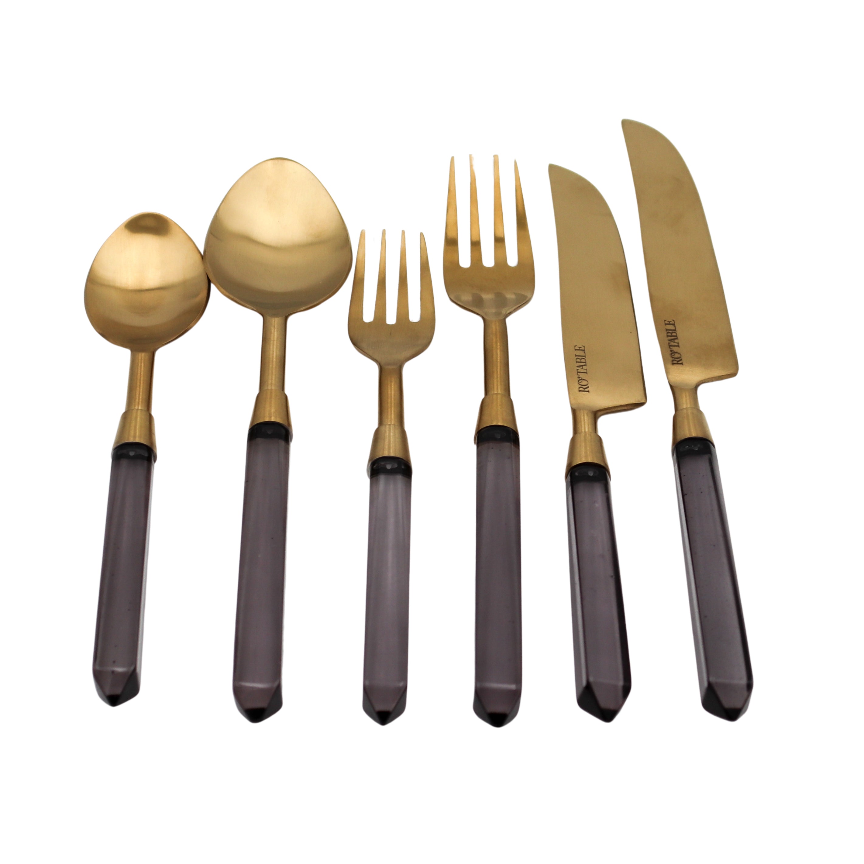 Lifestyle photo showing 24pc Set Midnight Slate Cutlery - 6 Piece - Set of 4 in use - Ro'Table