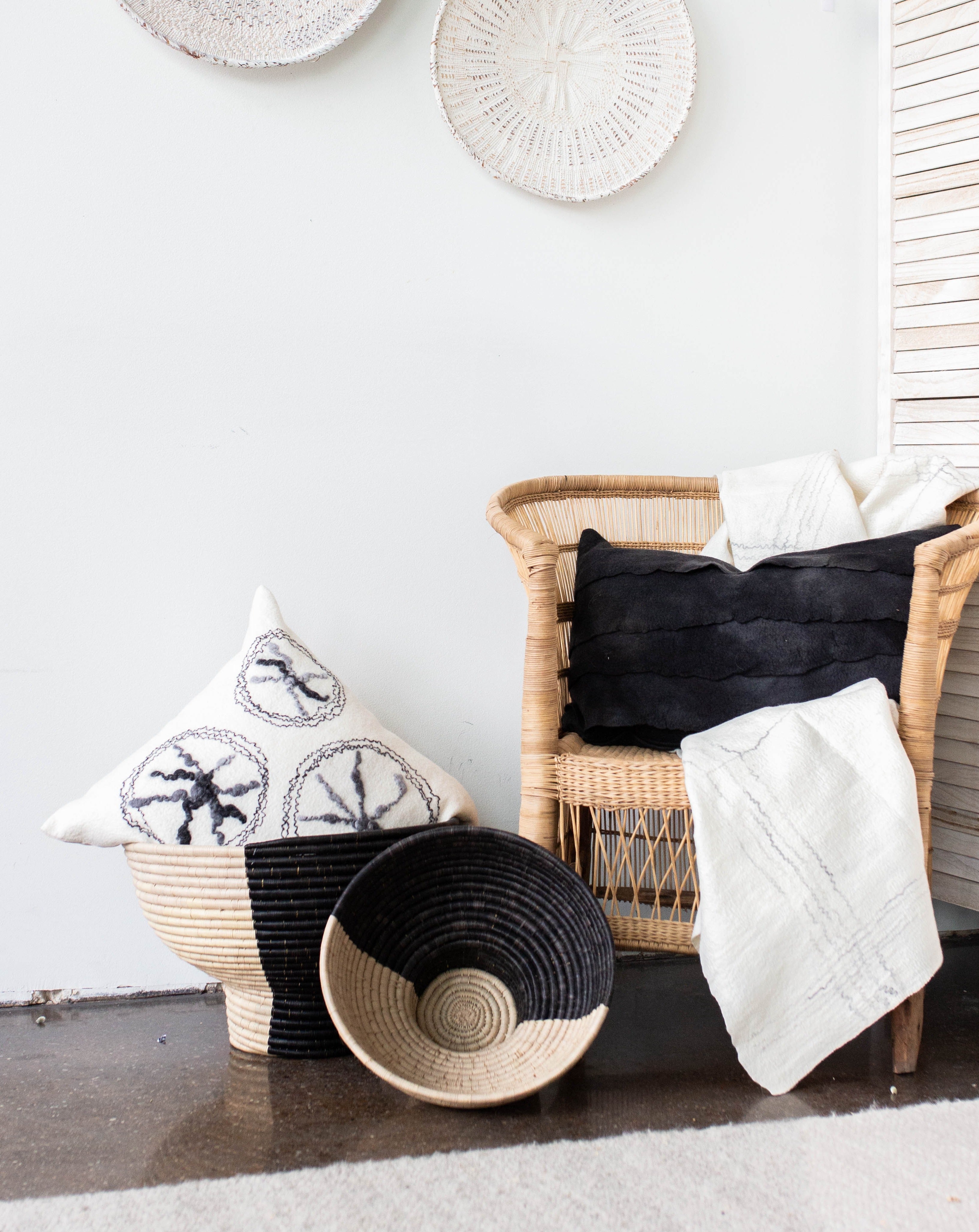 Close-up detail showing quality craftsmanship and materials - Pedestal Black and Natural Basket Bowl