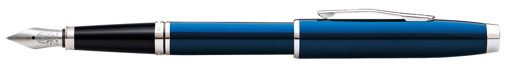 Lifestyle photo showing A.T. Cross Coventry Blue Lacquer Fine Nib Fountain Pen - Smudge-F in use - A.T. Cross