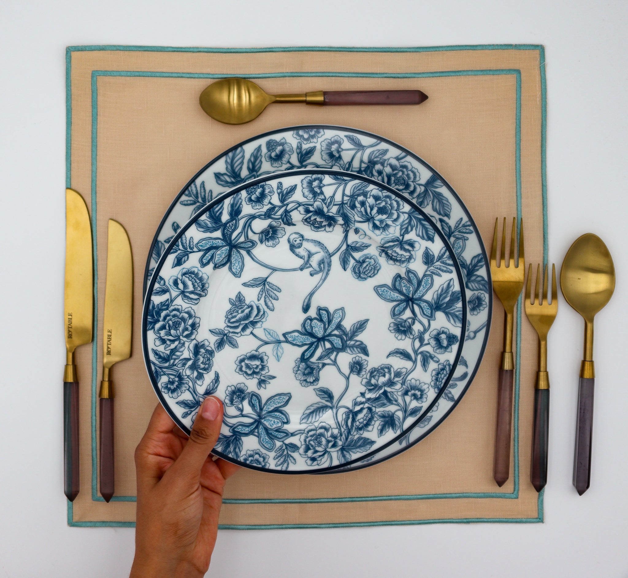 Lifestyle photo showing Bombay Blue Dinner Plate - Set of 4 (+1 Bonus Plate) in use - Ro'Table