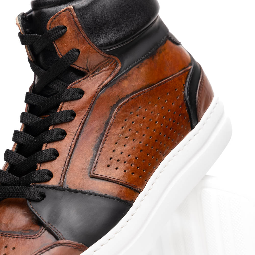 Lifestyle photo showing 65-356-BRN BRAVO Italian Burnished Calfskin High Top Dress Sneake in use - Zelli Italia