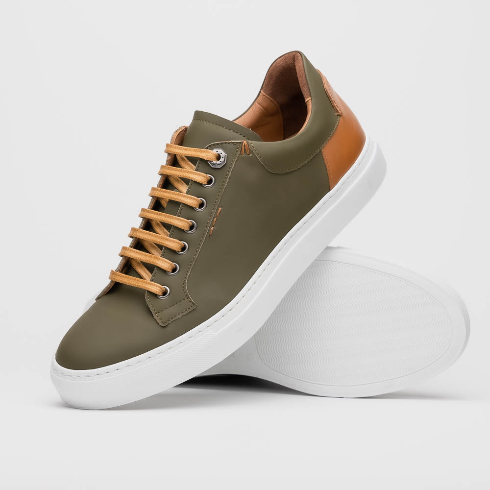 Close-up detail showing quality craftsmanship and materials - 65-229-OLV Diaz Rubberized Calfskin Sneaker Olive Green