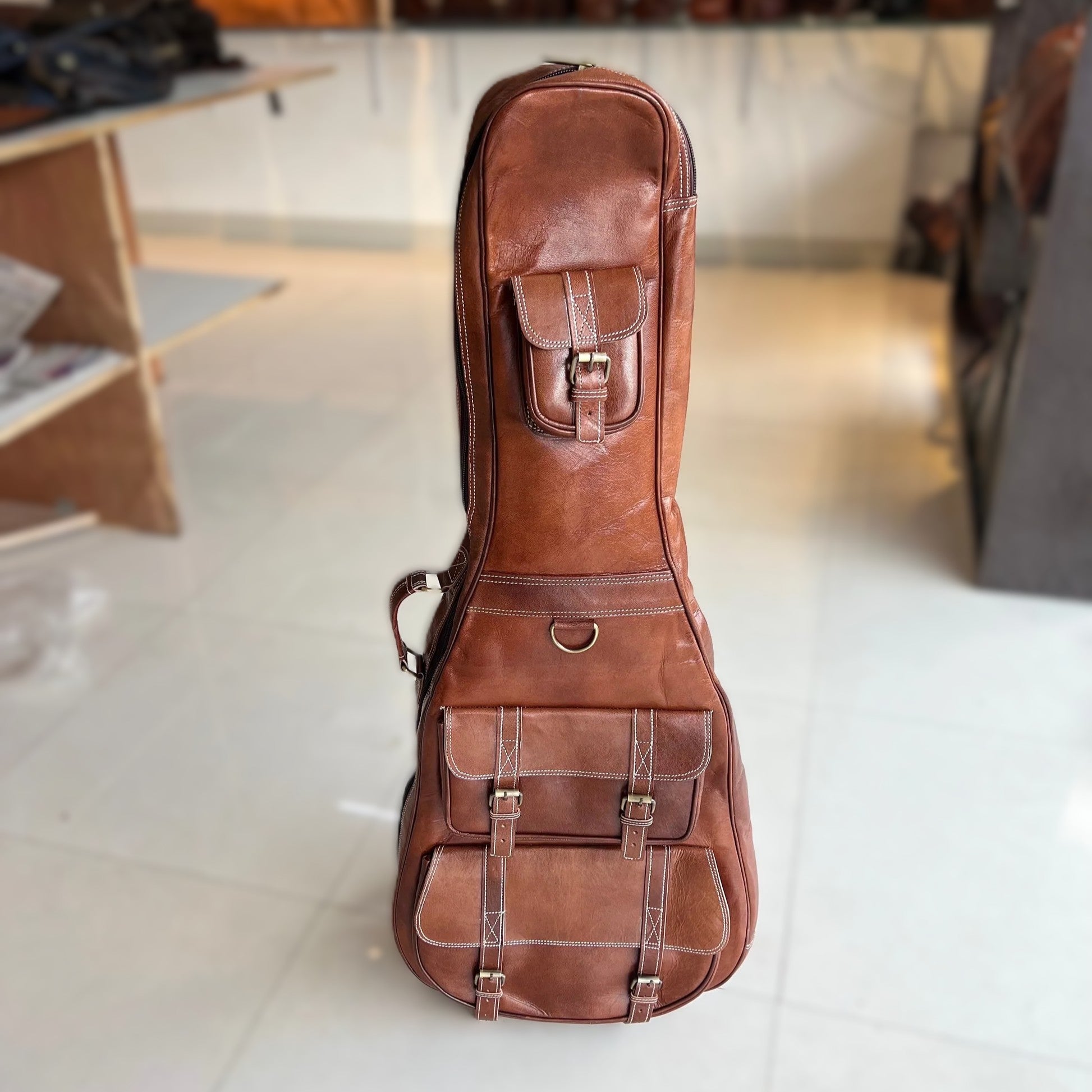 Close-up detail showing quality craftsmanship and materials - Personalized Leather Guitar Case
